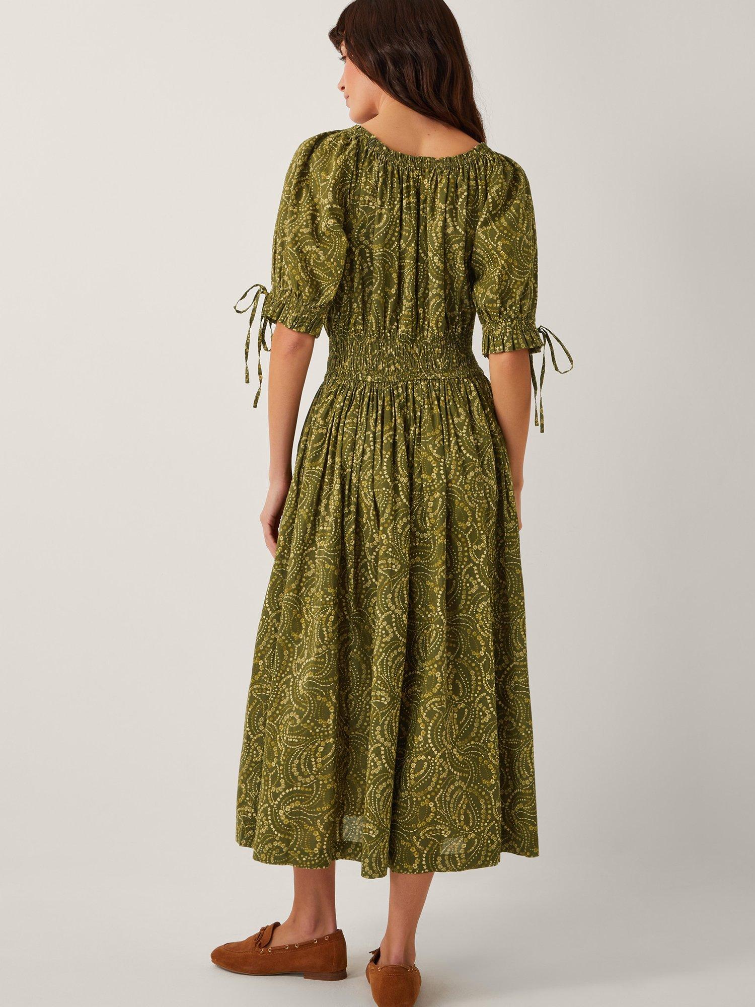 Product image 2 of 5, which shows Monsoon Delma Abstract Print Cotton Fit And Flare Dress, Green/Multi, S
