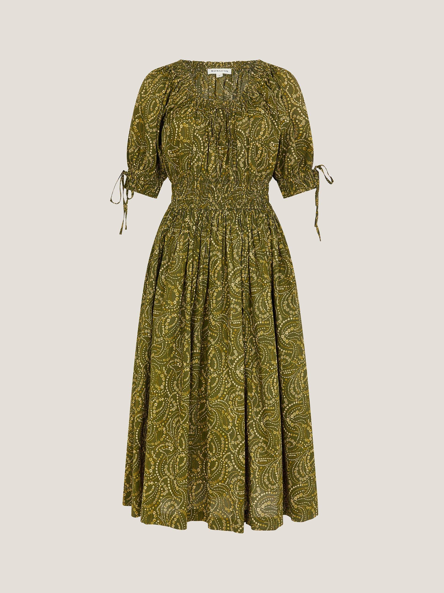 Product image 3 of 5, which shows Monsoon Delma Abstract Print Cotton Fit And Flare Dress, Green/Multi, S