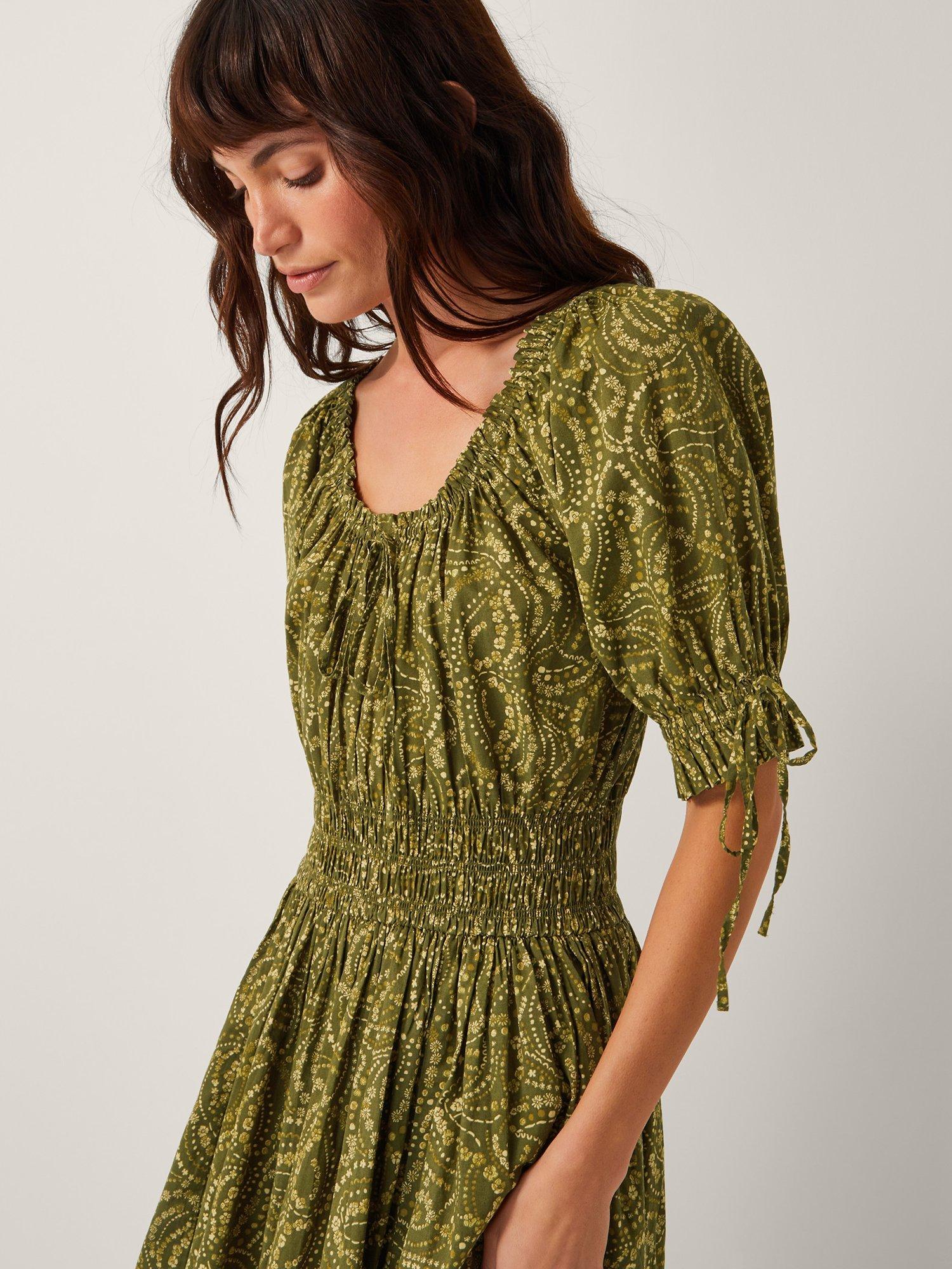 Product image 4 of 5, which shows Monsoon Delma Abstract Print Cotton Fit And Flare Dress, Green/Multi, S