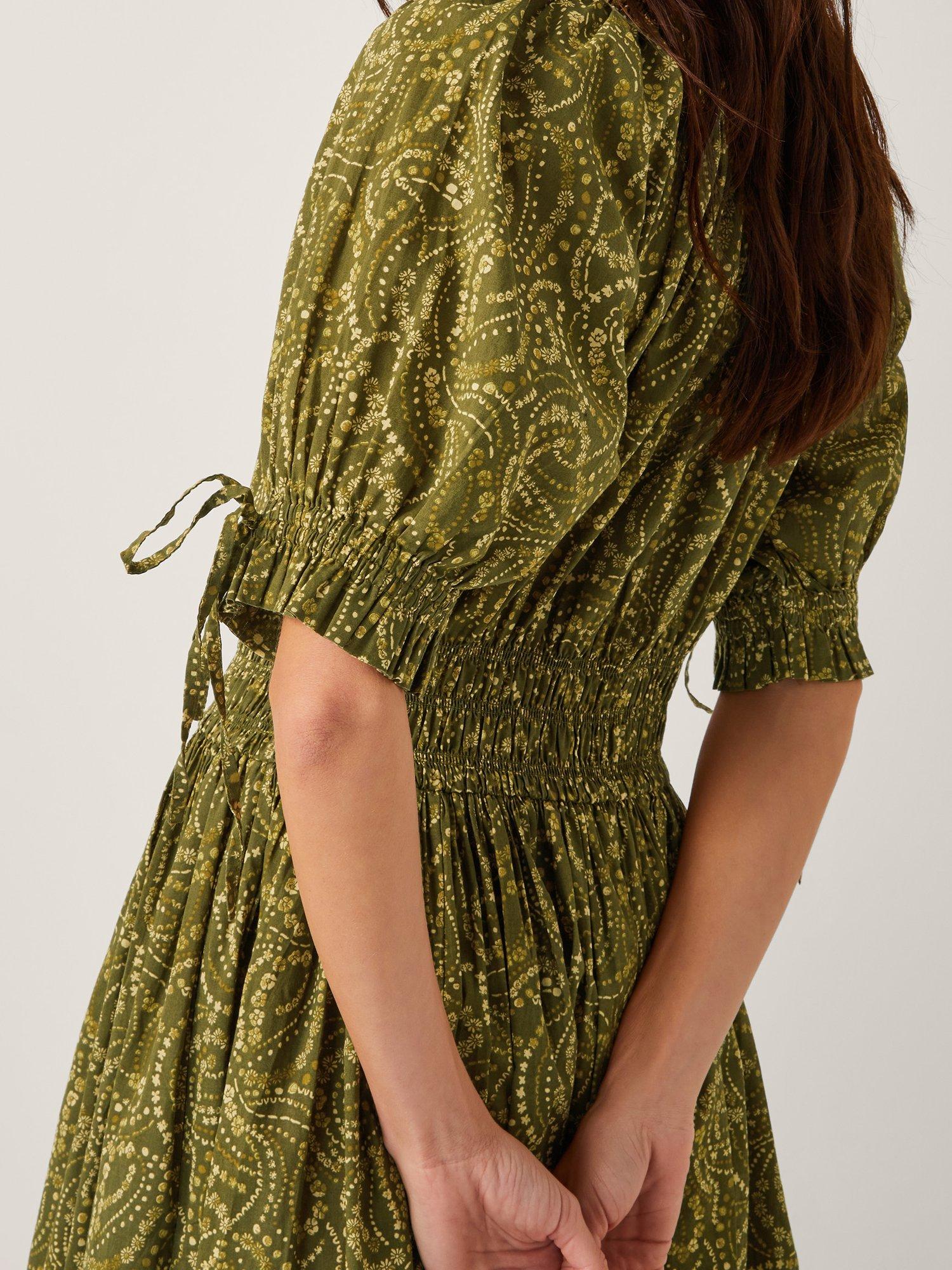 Product image 5 of 5, which shows Monsoon Delma Abstract Print Cotton Fit And Flare Dress, Green/Multi, S