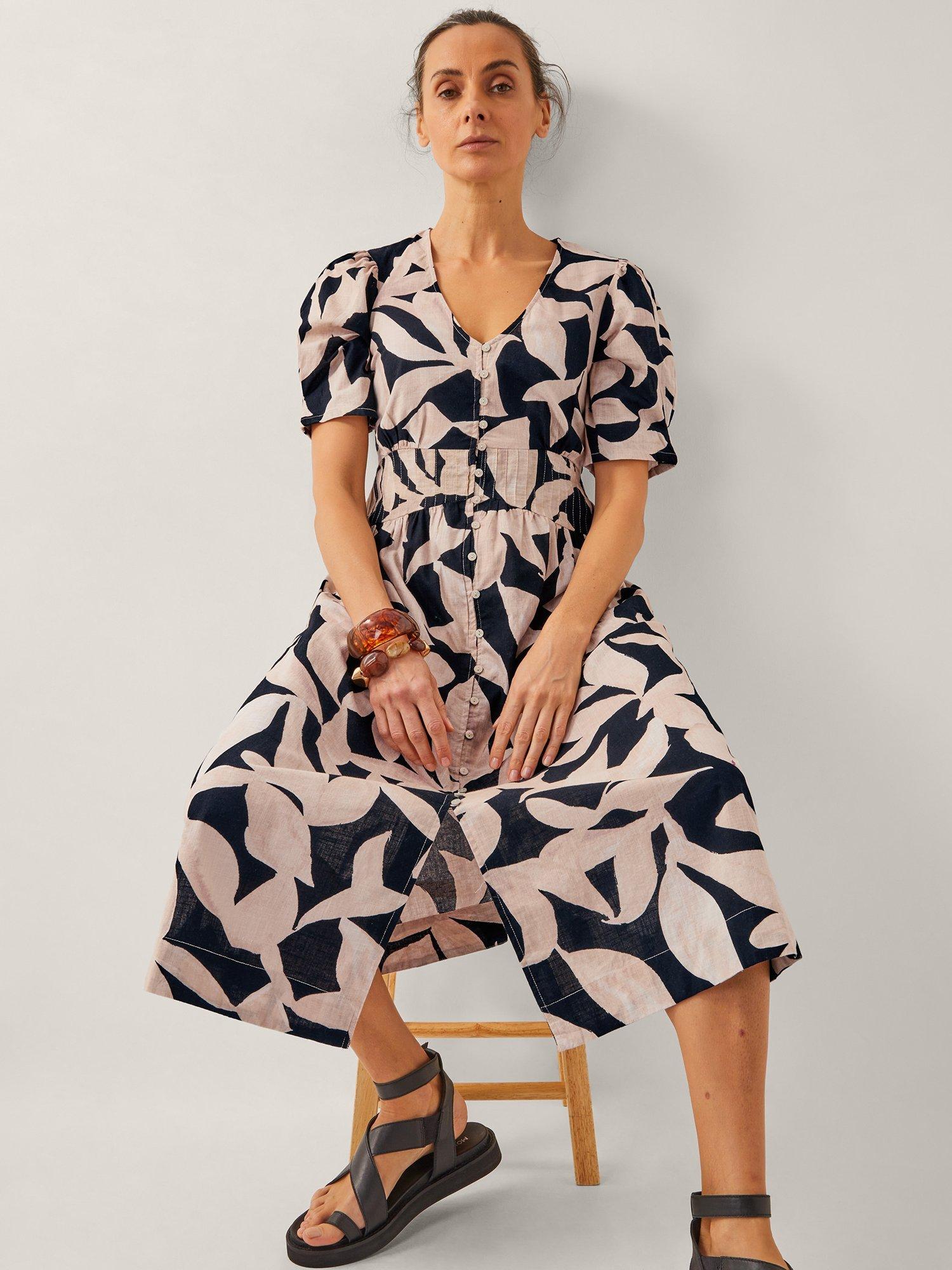 Product image 3 of 4, which shows Monsoon Annie Abtract Puff-Sleeve Cotton Midi Dress, Black/Multi, 12