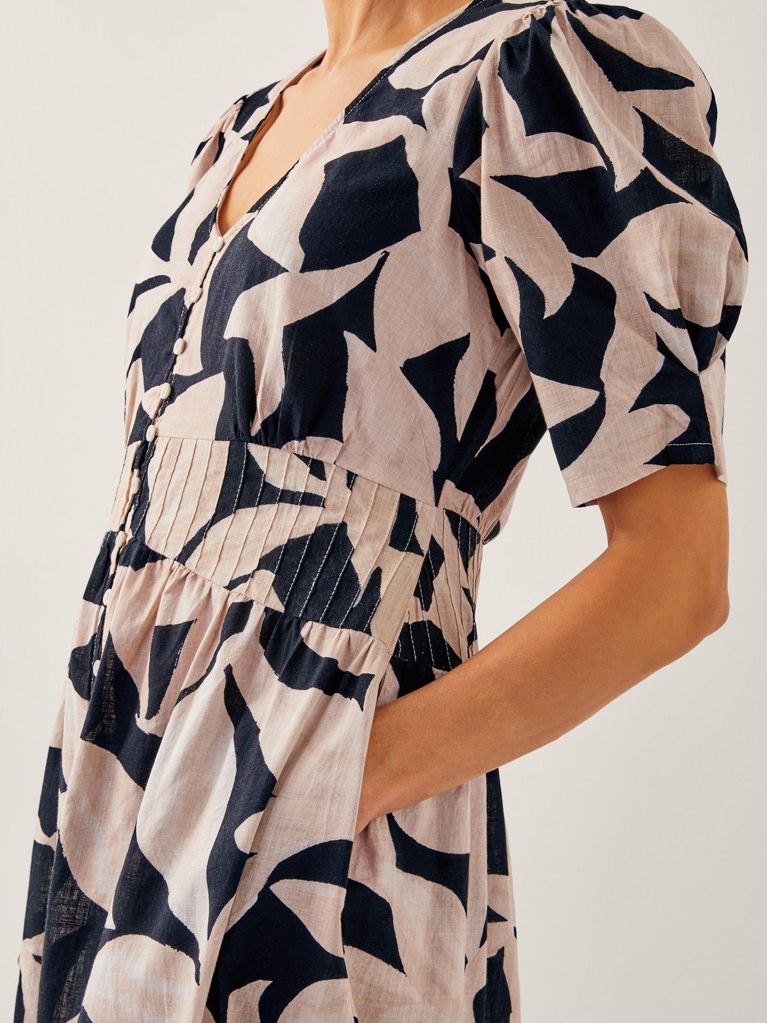 Product image 4 of 4, which shows Monsoon Annie Abtract Puff-Sleeve Cotton Midi Dress, Black/Multi, 12