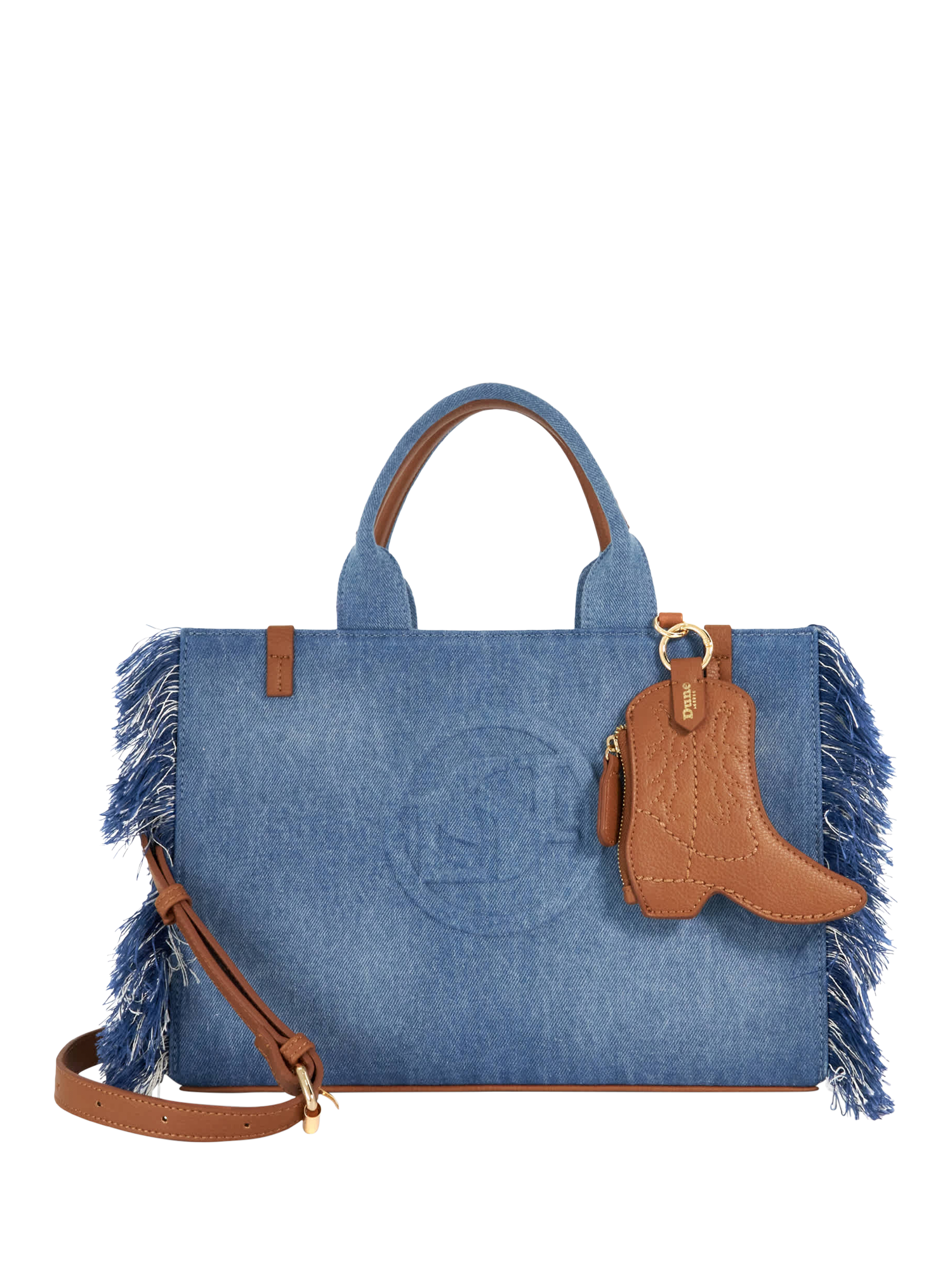 Product image 1 of 5, which shows Dune London Desert Canvas Fringe Tote Bag, Denim