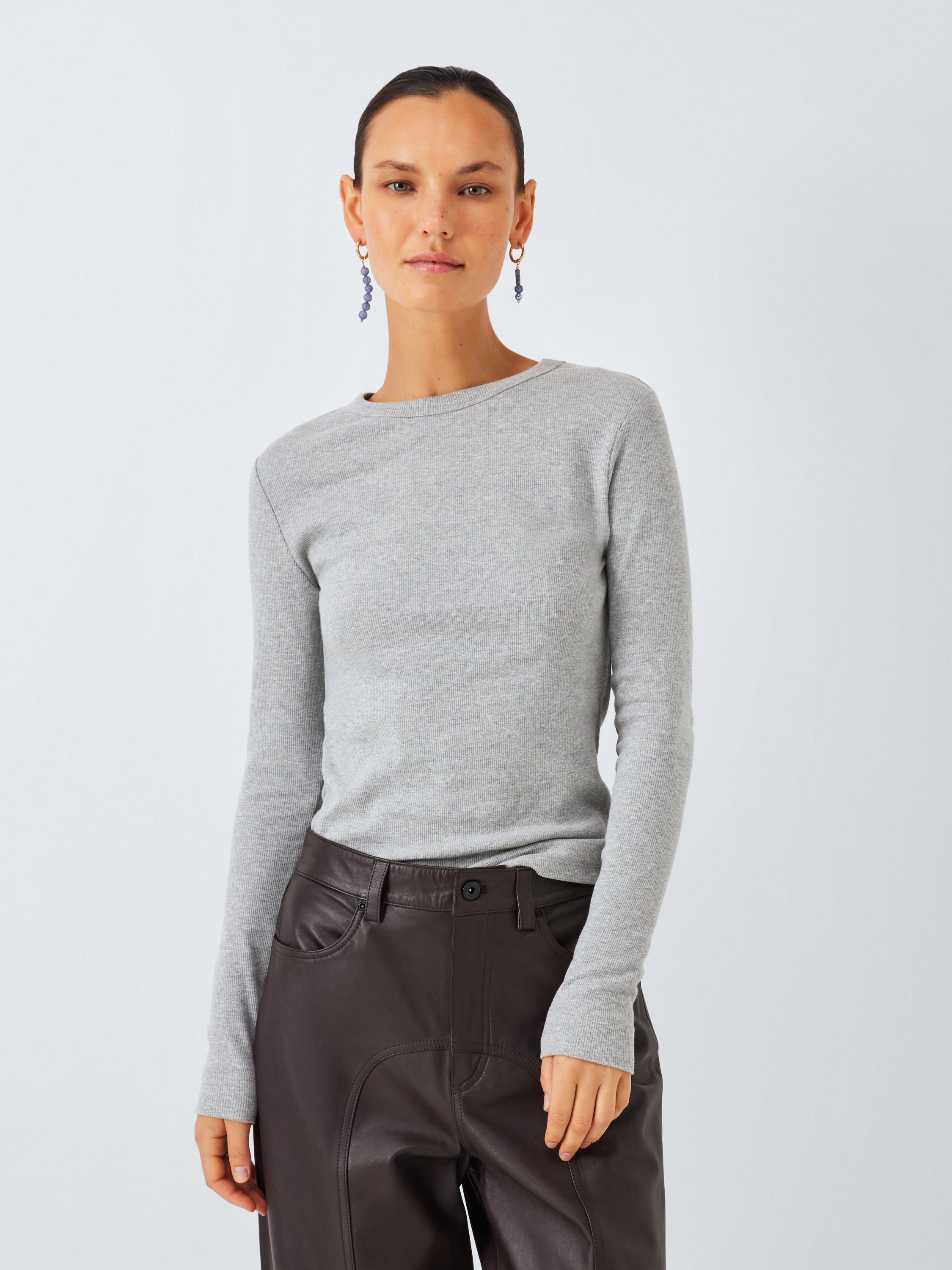 Product image 1 of 6, which shows AND/OR Ribbed Long Sleeve Crew Neck Top, Grey Marl, 6