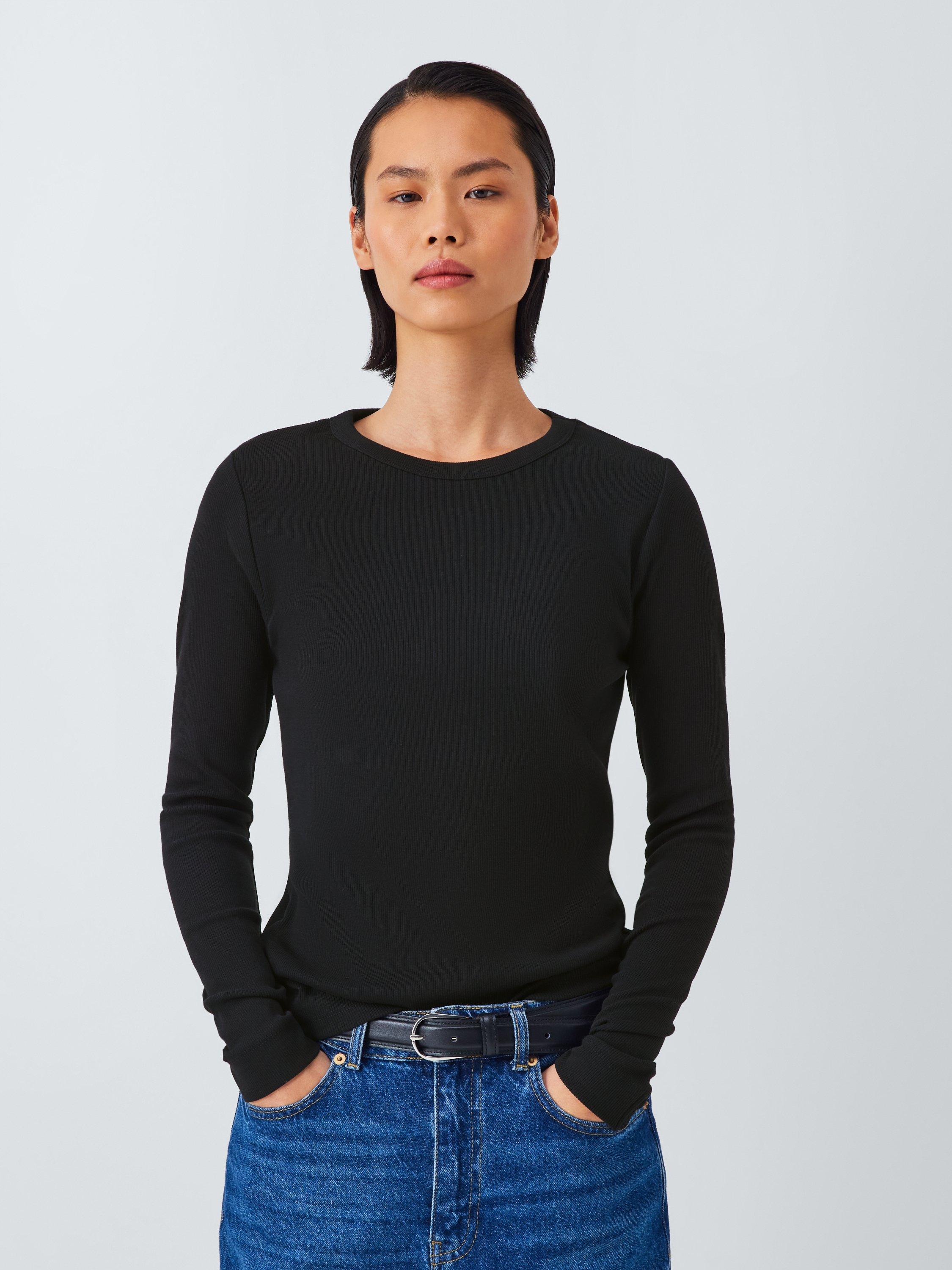 Product image 1 of 6, which shows AND/OR Ribbed Long Sleeve Crew Neck Top, Black, 6