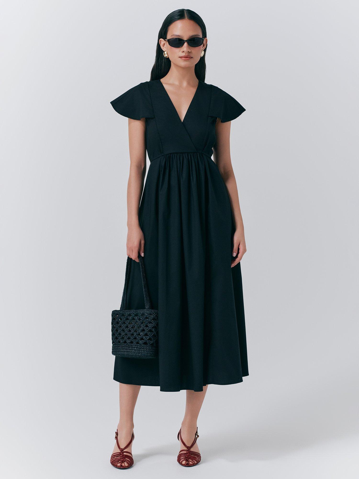 Product image 1 of 5, which shows Ghost Eloise Cap Sleeve V Neck Empire Line Midi Dress, Black, S
