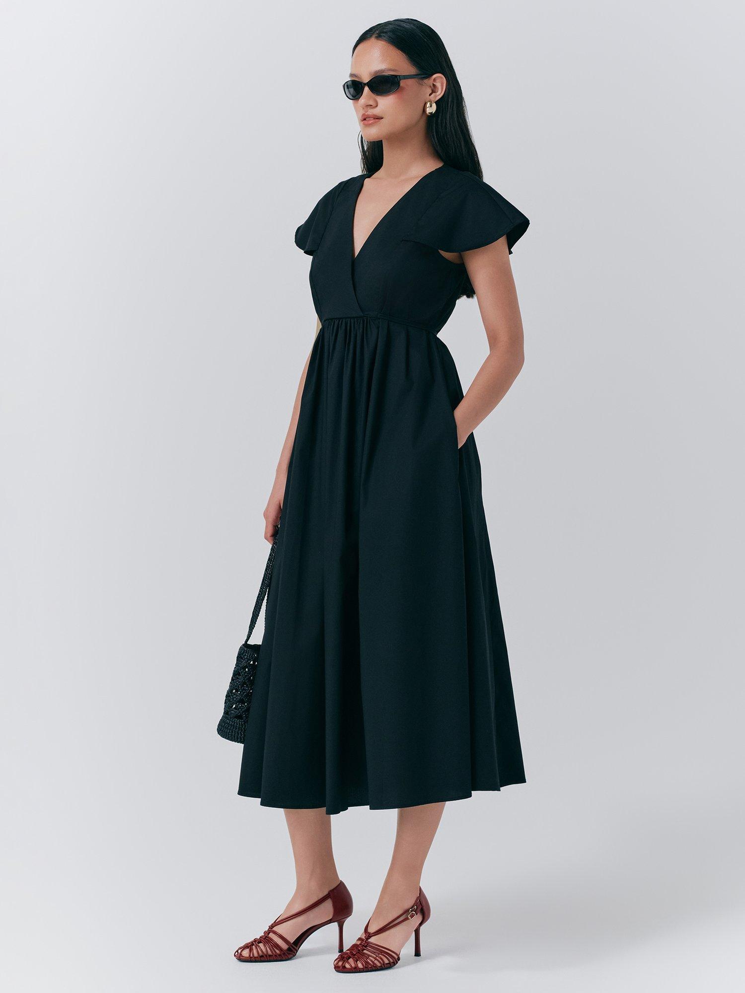 Product image 2 of 5, which shows Ghost Eloise Cap Sleeve V Neck Empire Line Midi Dress, Black, S