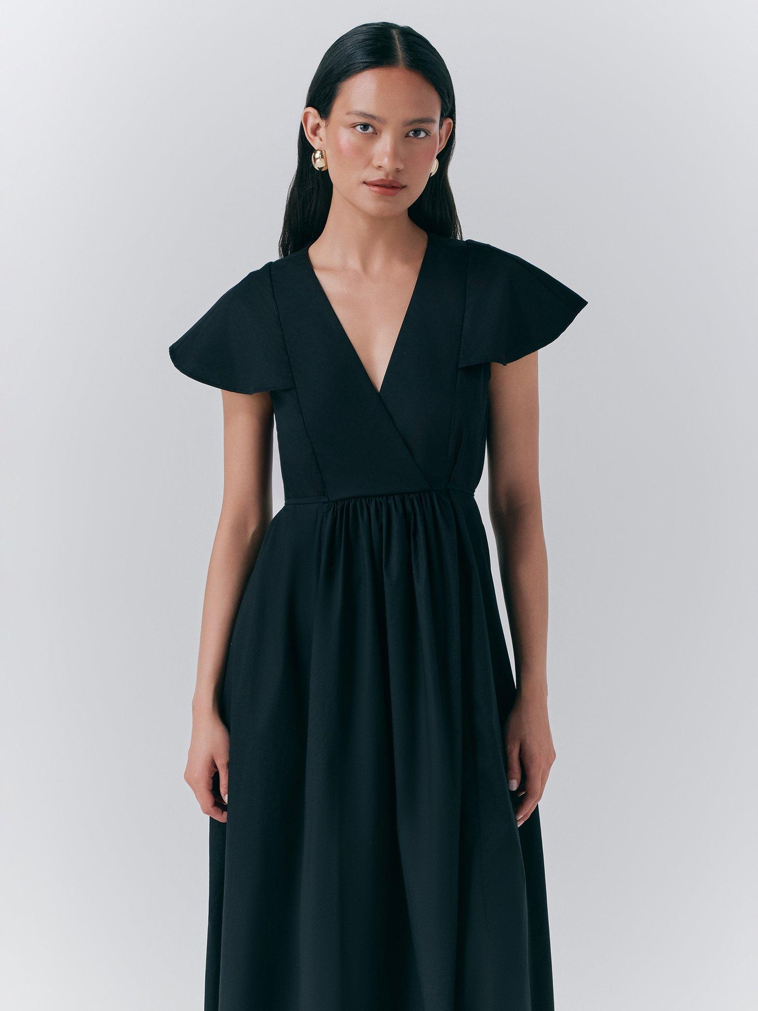 Product image 3 of 5, which shows Ghost Eloise Cap Sleeve V Neck Empire Line Midi Dress, Black, S