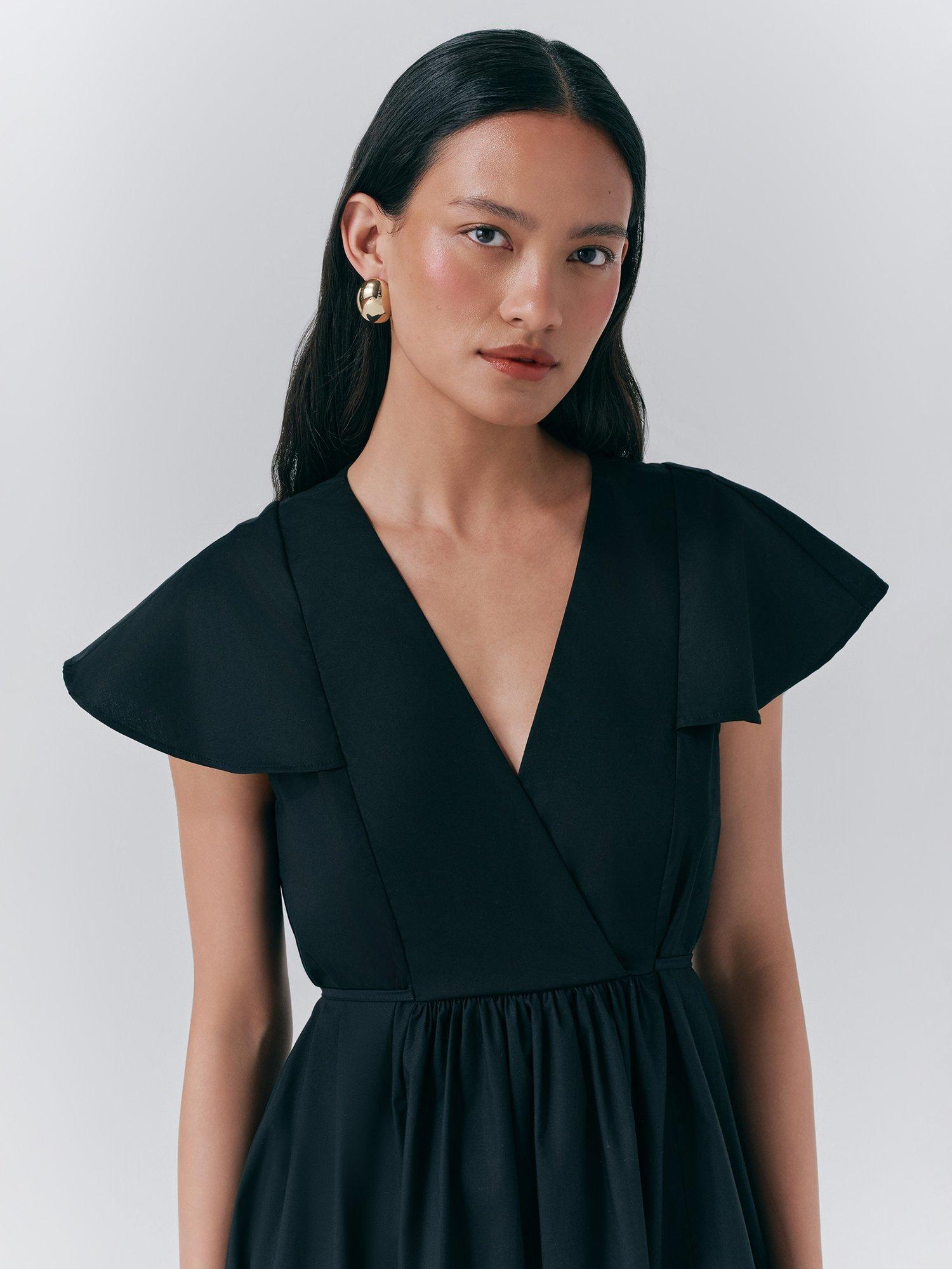 Product image 4 of 5, which shows Ghost Eloise Cap Sleeve V Neck Empire Line Midi Dress, Black, S