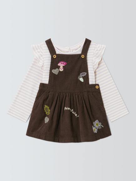 John Lewis Baby Cord Pinafore Dress Set, Brown, Brown