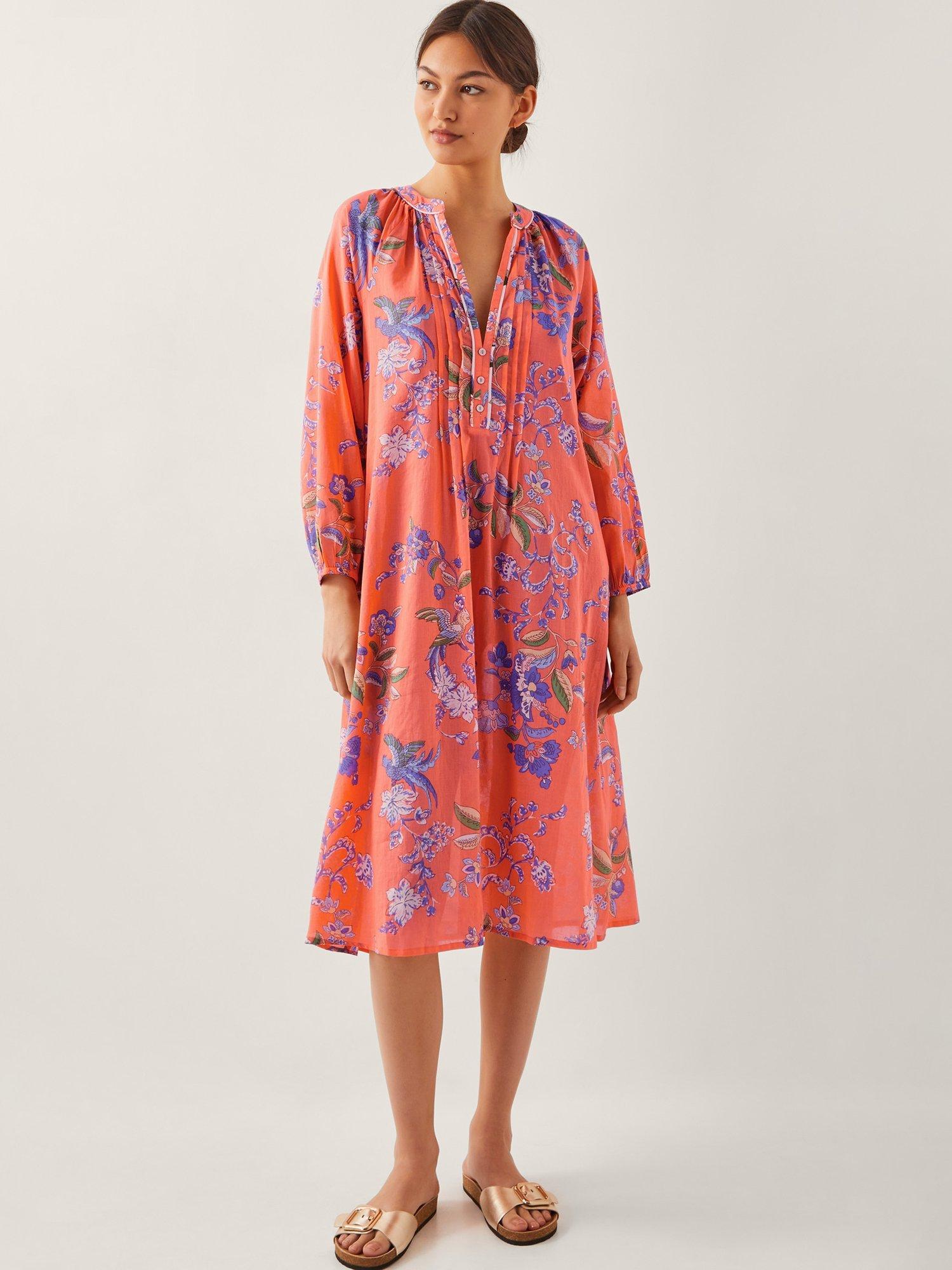Product image 1 of 5, which shows Monsoon Kaia Floral Bird Tunic Midi Dress, Orange/Multi, S