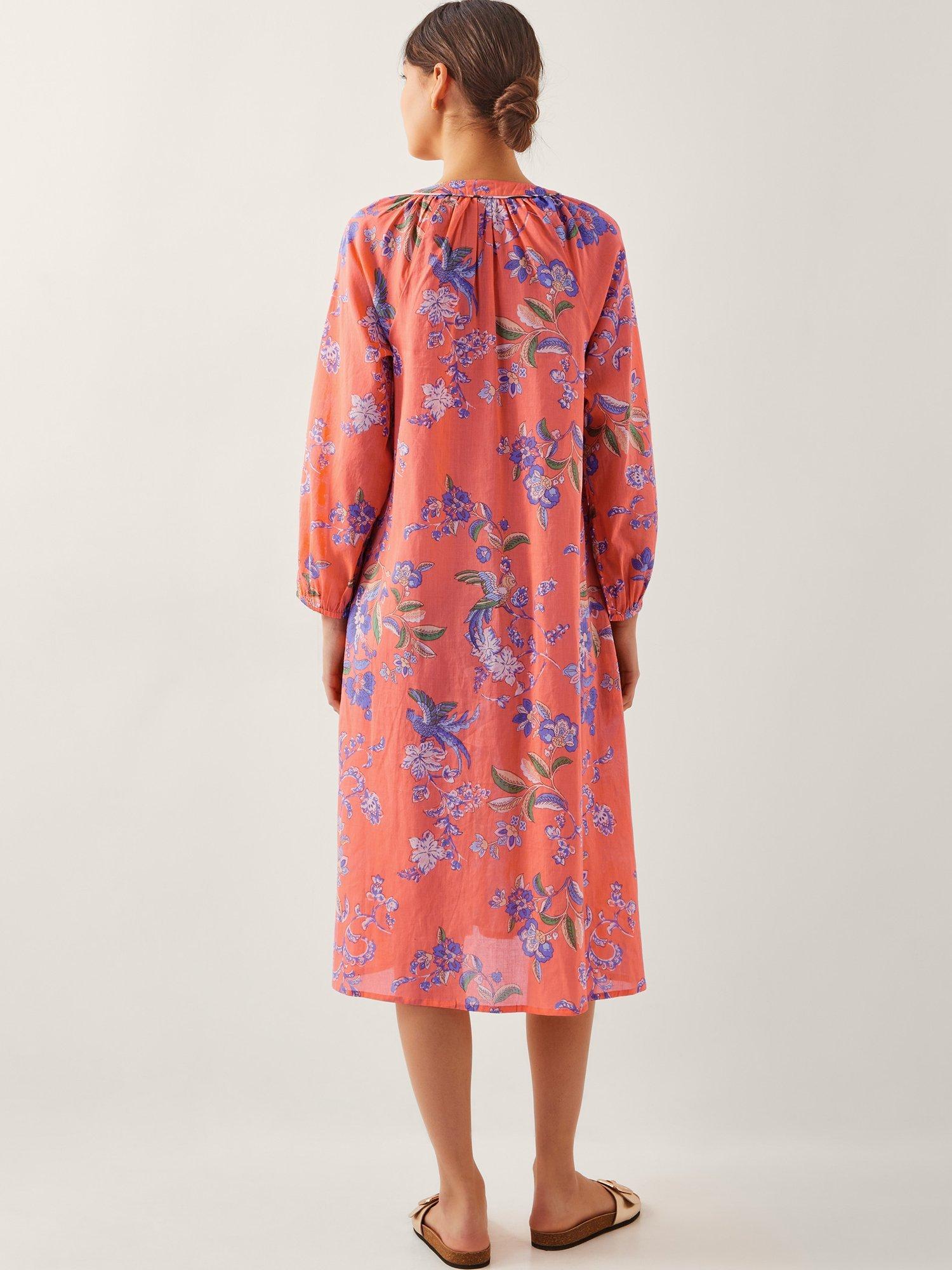 Product image 2 of 5, which shows Monsoon Kaia Floral Bird Tunic Midi Dress, Orange/Multi, S