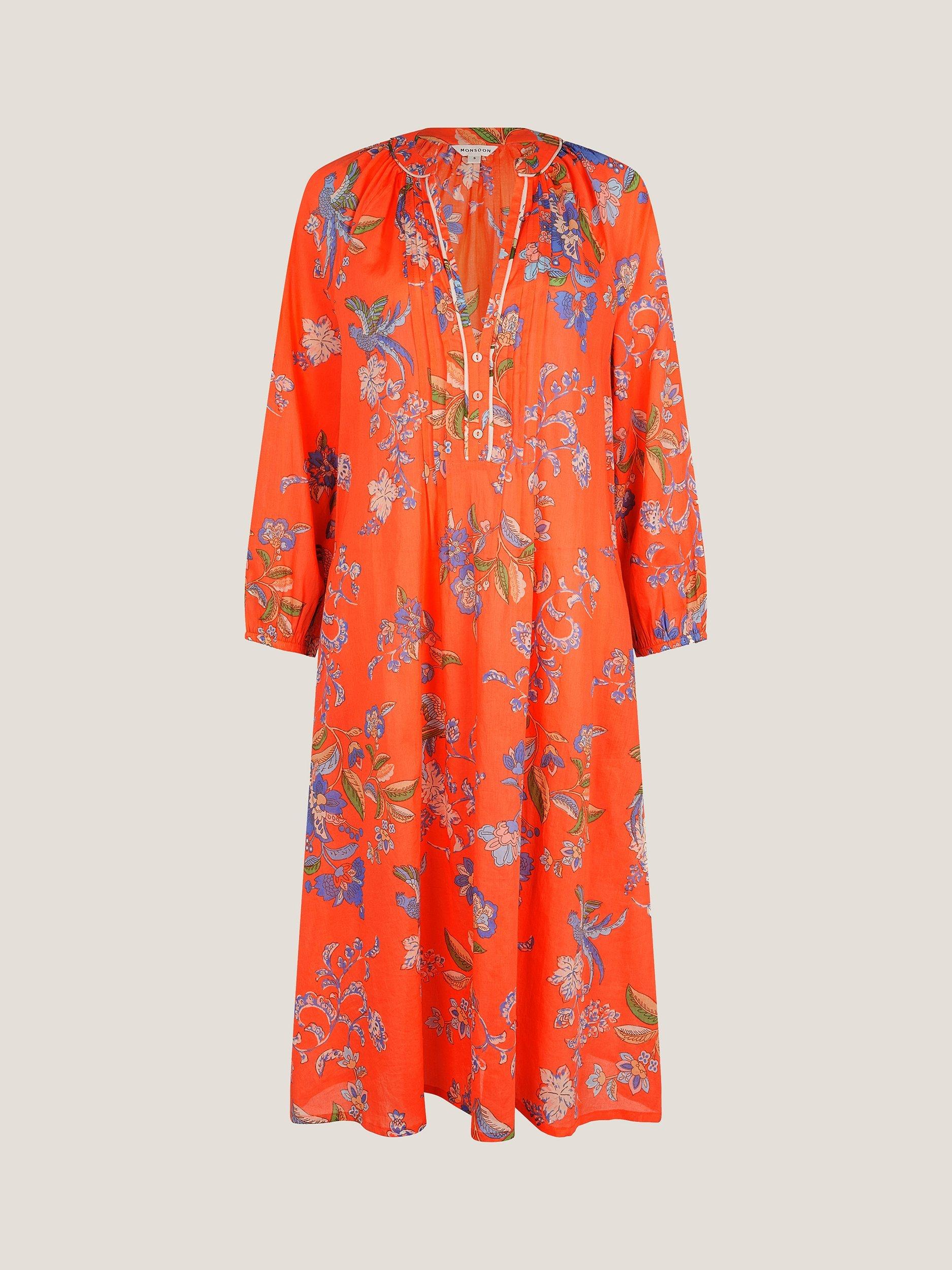 Product image 3 of 5, which shows Monsoon Kaia Floral Bird Tunic Midi Dress, Orange/Multi, S