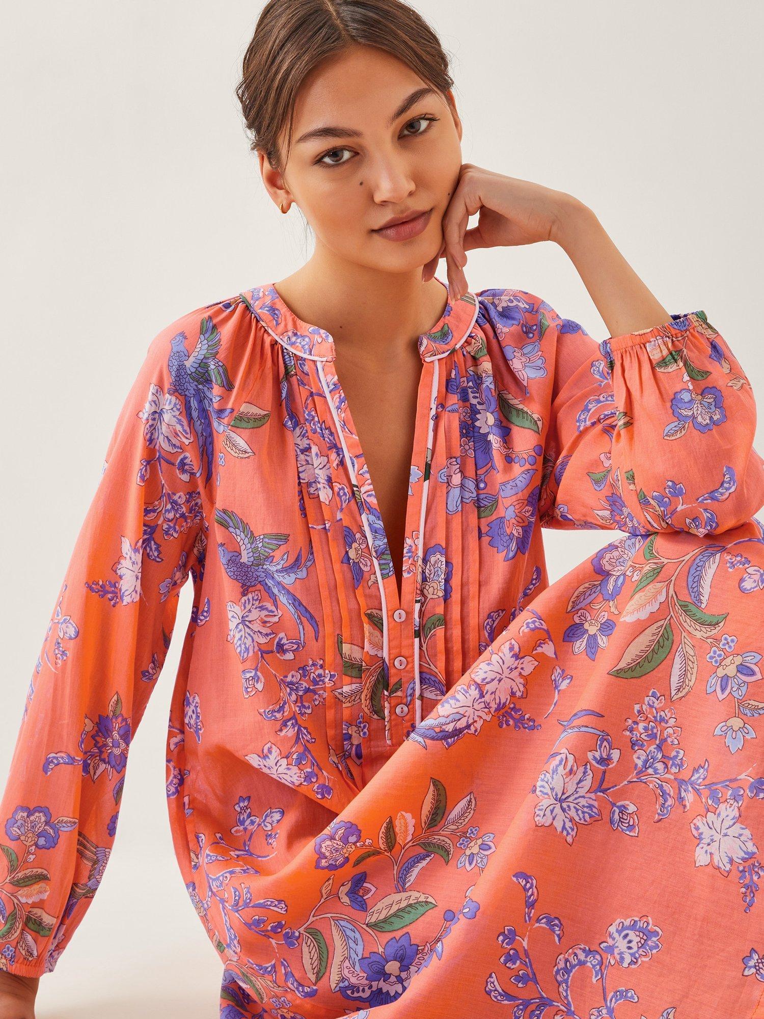 Product image 4 of 5, which shows Monsoon Kaia Floral Bird Tunic Midi Dress, Orange/Multi, S