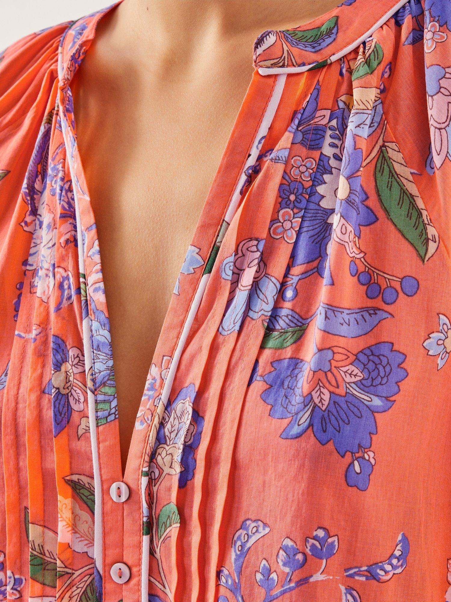 Product image 5 of 5, which shows Monsoon Kaia Floral Bird Tunic Midi Dress, Orange/Multi, S