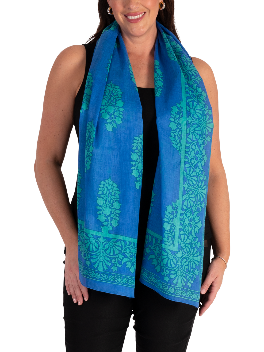 Product image 2 of 5, which shows chesca Filigree Leaf Print Scarf, Blue/Green