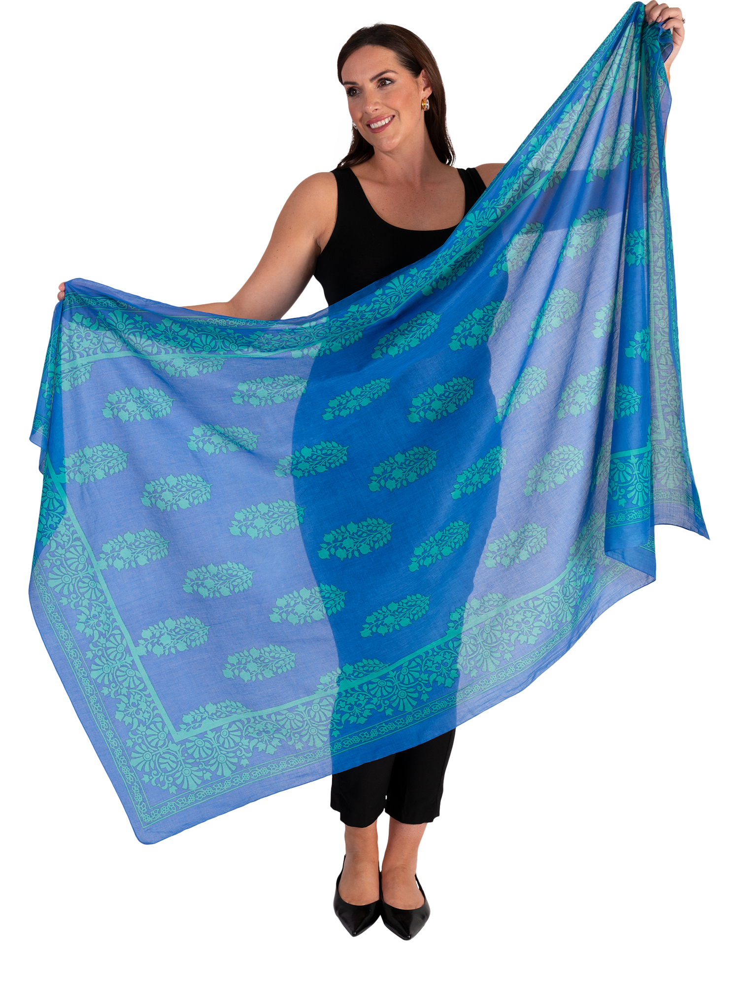 Product image 3 of 5, which shows chesca Filigree Leaf Print Scarf, Blue/Green