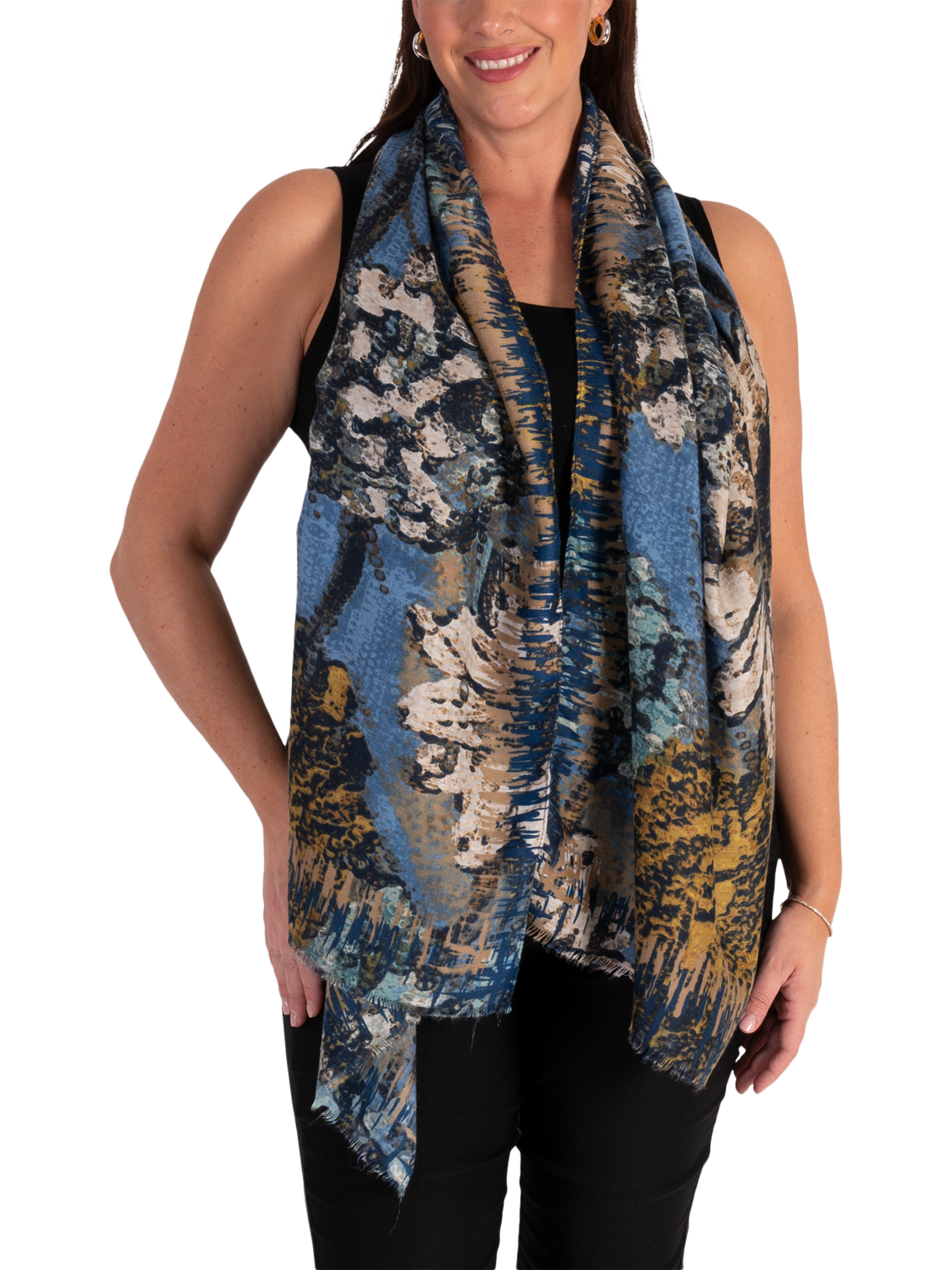 Product image 2 of 5, which shows chesca Painterly Floral Scarf, Blue/Multi