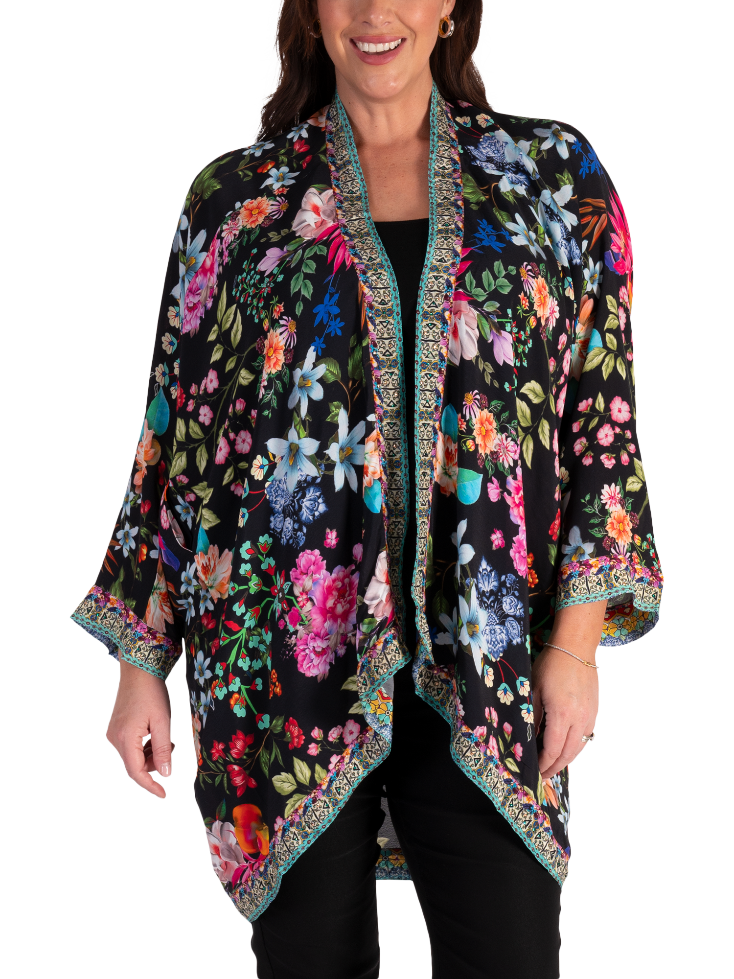 Product image 1 of 7, which shows chesca Eden Floral Sparkle Shrug, Black/Multi, One Size