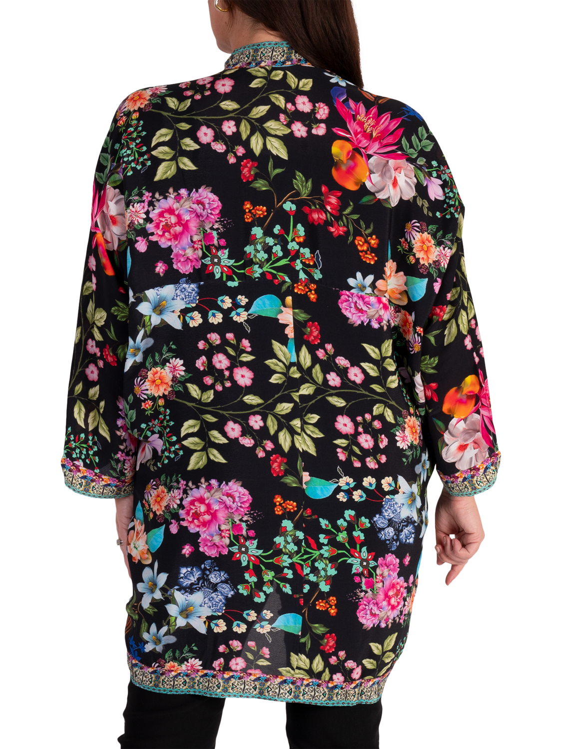 Product image 2 of 7, which shows chesca Eden Floral Sparkle Shrug, Black/Multi, One Size