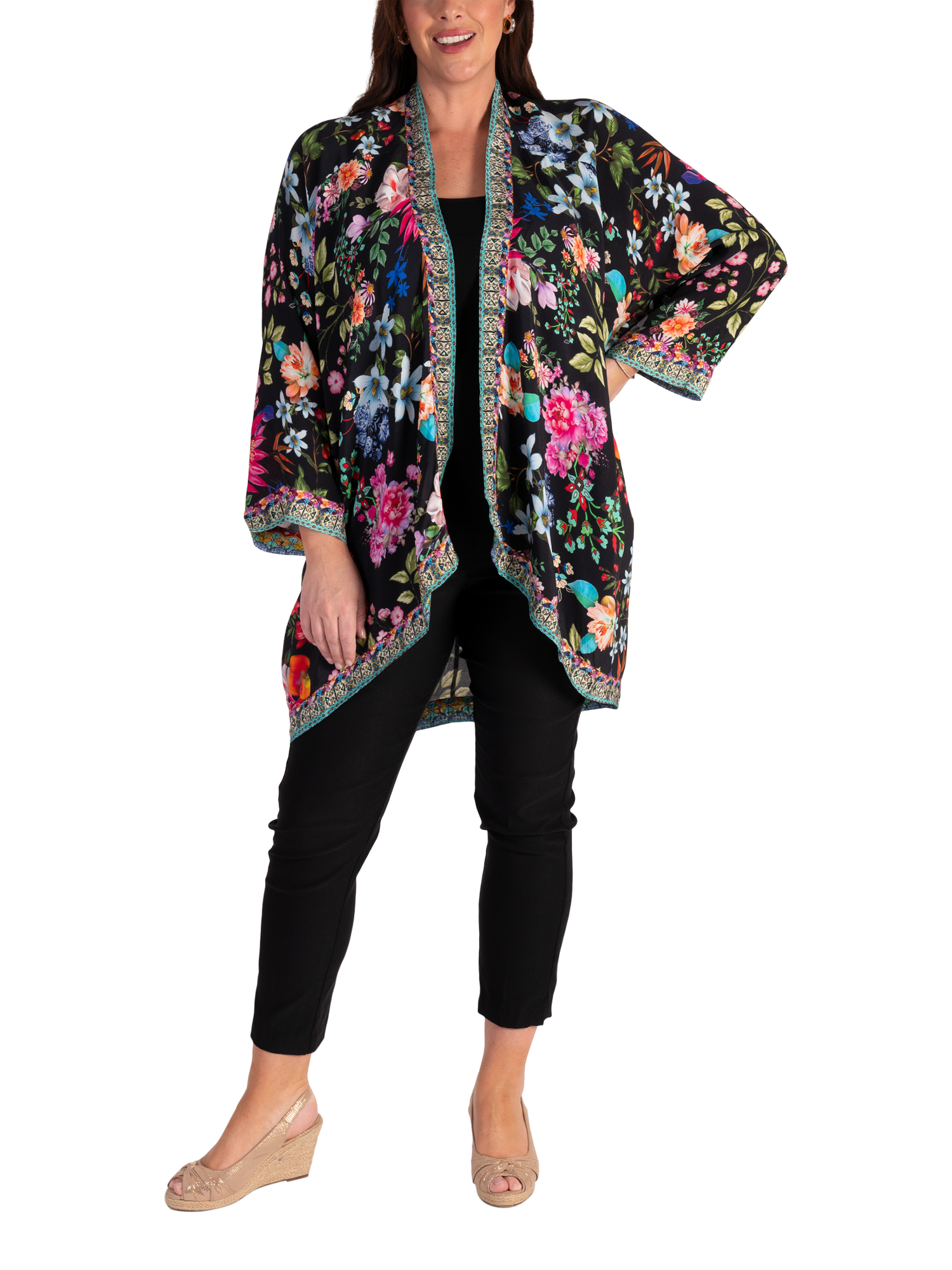 Product image 3 of 7, which shows chesca Eden Floral Sparkle Shrug, Black/Multi, One Size