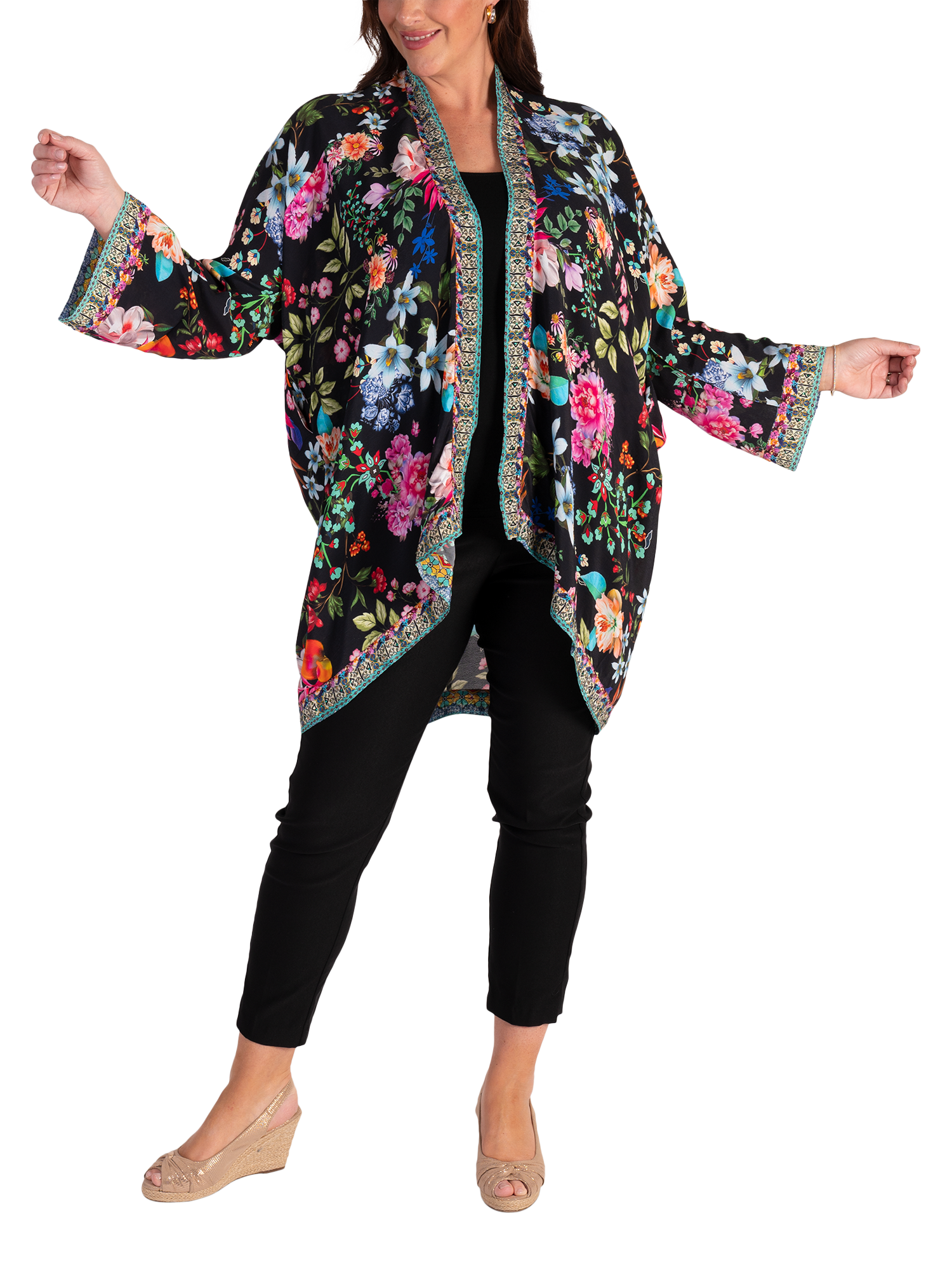 Product image 4 of 7, which shows chesca Eden Floral Sparkle Shrug, Black/Multi, One Size