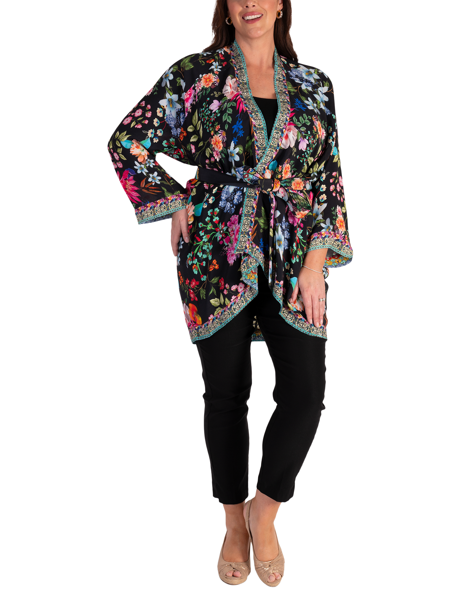 Product image 5 of 7, which shows chesca Eden Floral Sparkle Shrug, Black/Multi, One Size