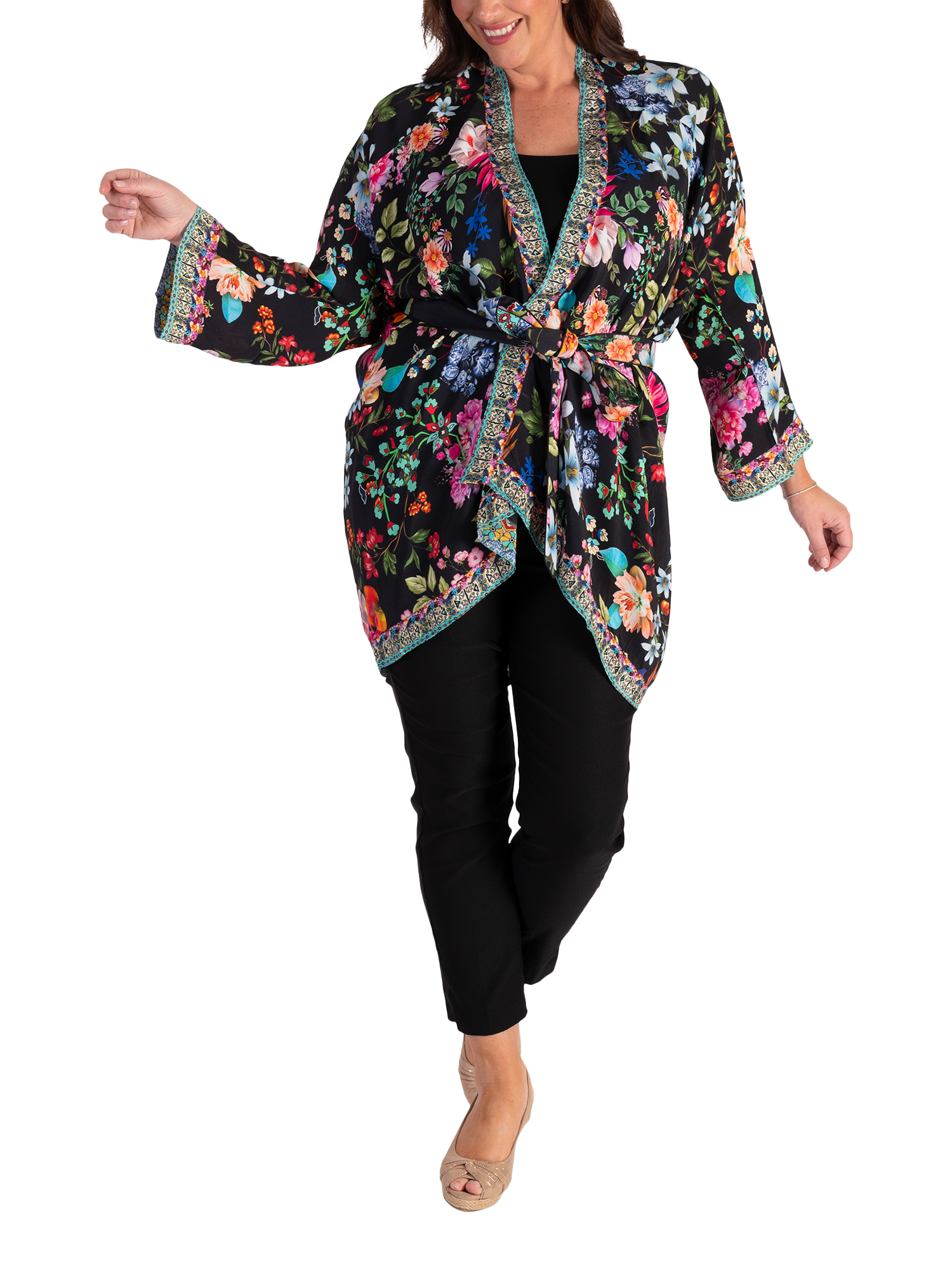 Product image 6 of 7, which shows chesca Eden Floral Sparkle Shrug, Black/Multi, One Size