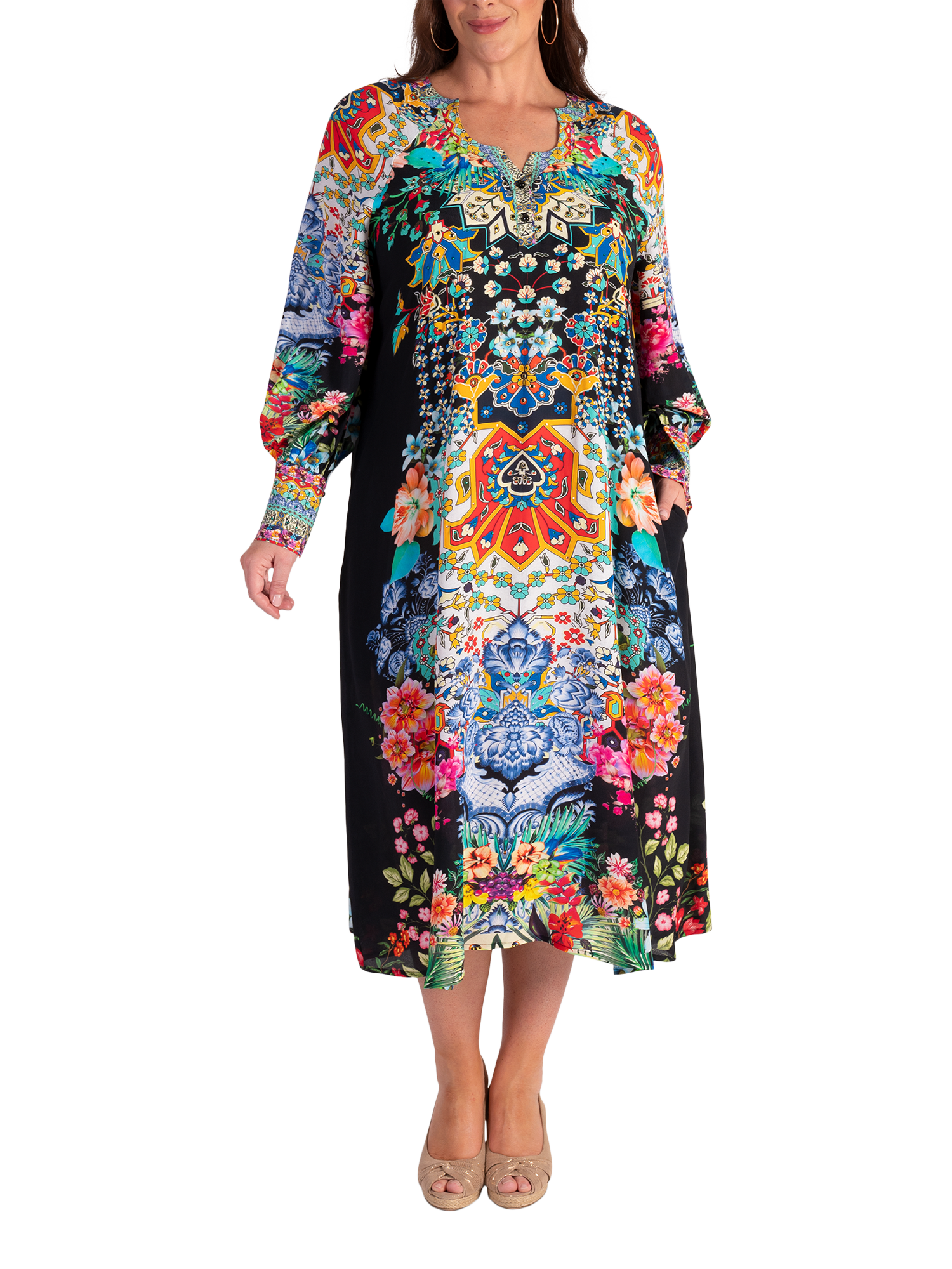 Product image 1 of 7, which shows chesca Eden Boho Floral Shirt Dress, Black/Multi, 12-14