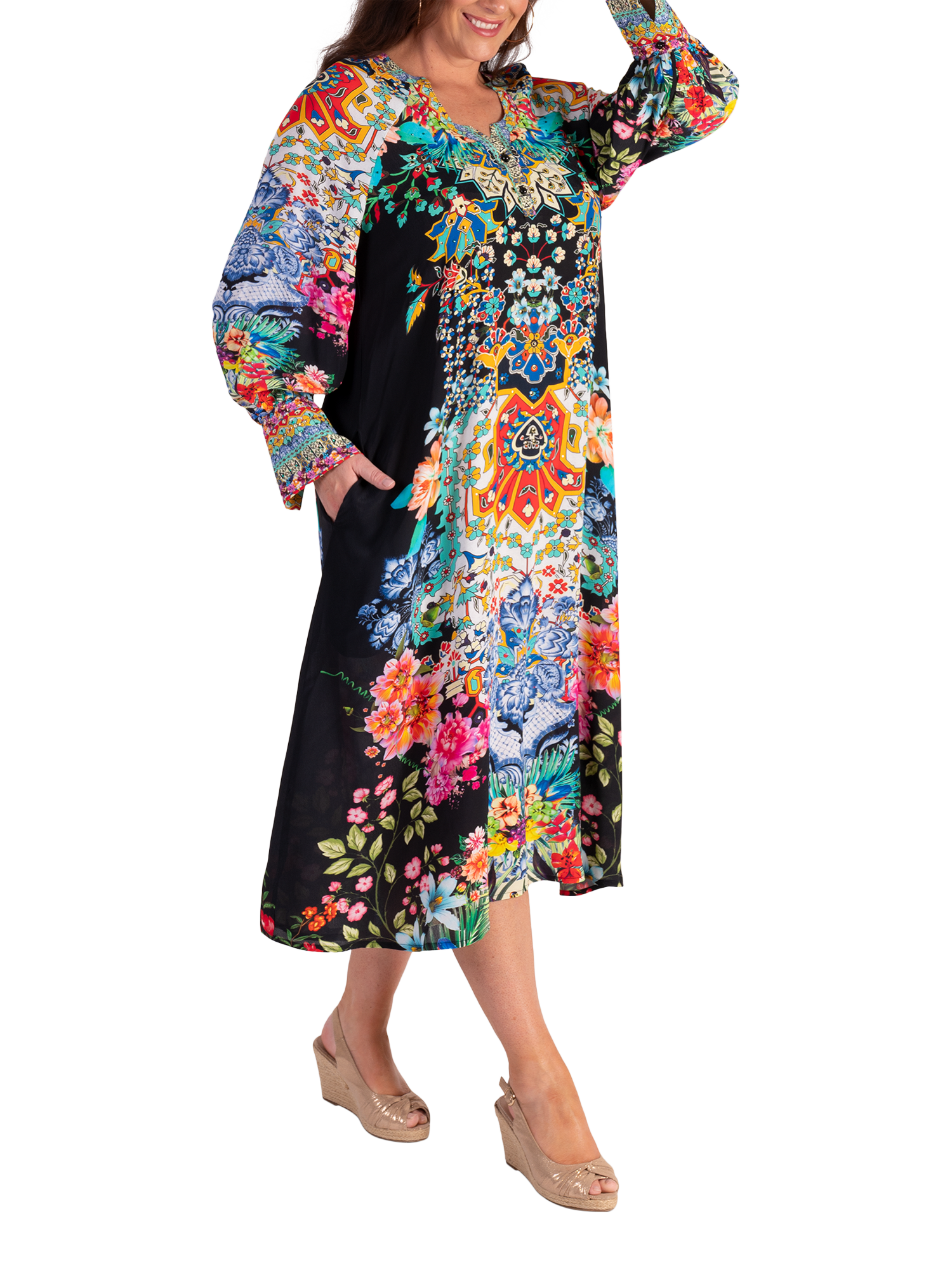 Product image 3 of 7, which shows chesca Eden Boho Floral Shirt Dress, Black/Multi, 12-14