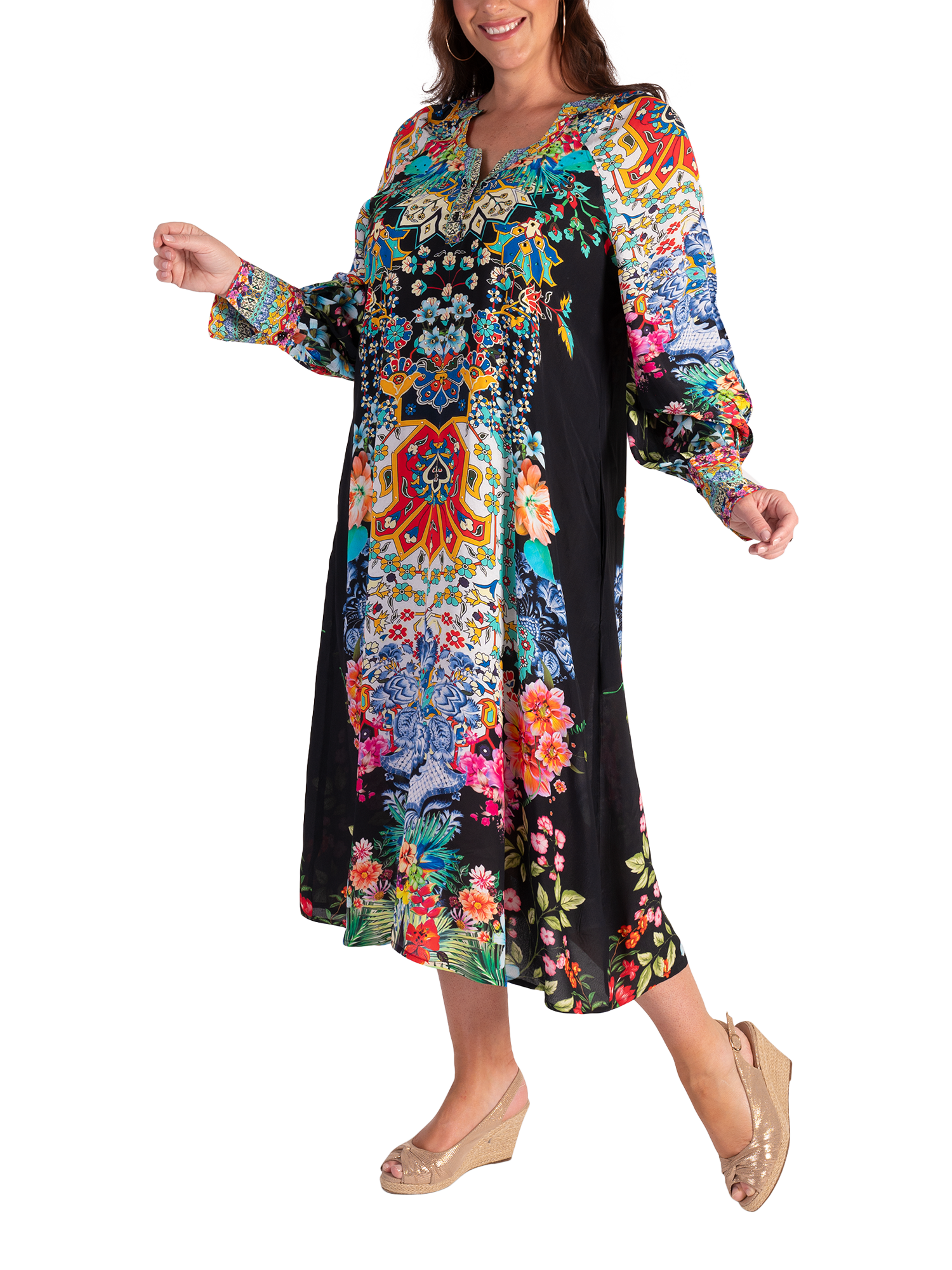 Product image 4 of 7, which shows chesca Eden Boho Floral Shirt Dress, Black/Multi, 12-14