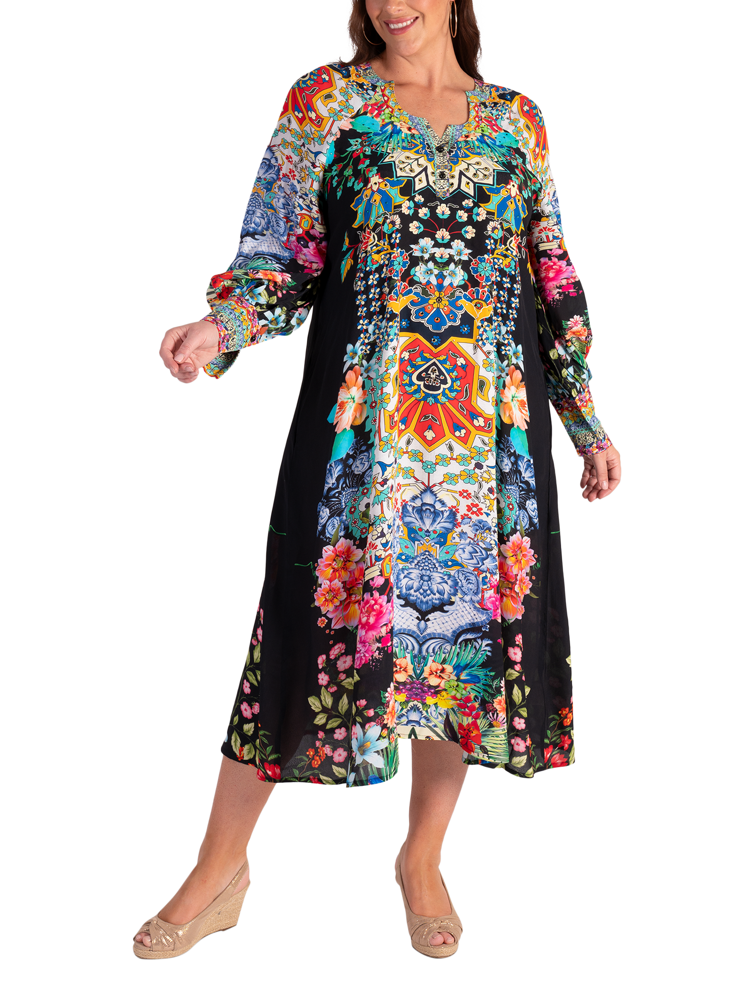Product image 5 of 7, which shows chesca Eden Boho Floral Shirt Dress, Black/Multi, 12-14