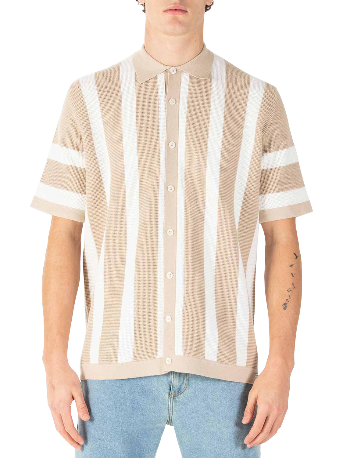 Product image 1 of 9, which shows LUKE 1977 Deck Stripe Knitted Polo Shirt, Dark Ecru/White, S
