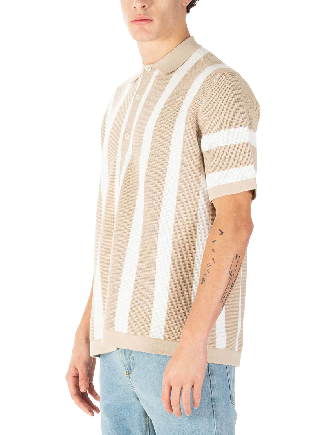 Product image 3 of 9, which shows LUKE 1977 Deck Stripe Knitted Polo Shirt, Dark Ecru/White, S