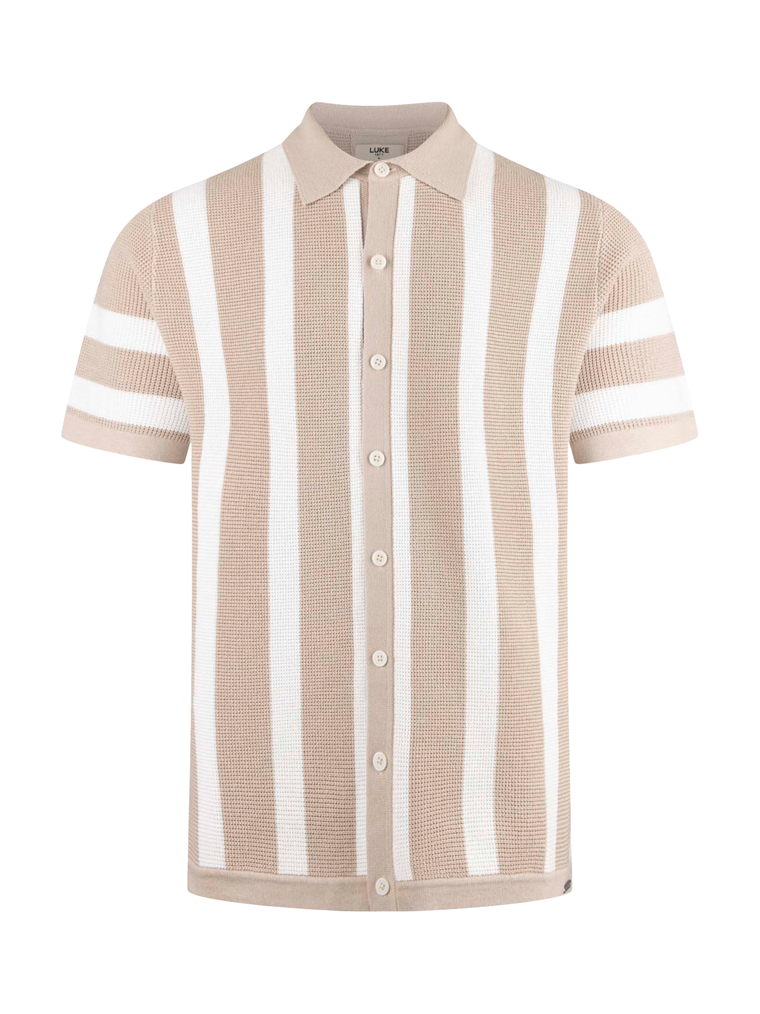 Product image 4 of 9, which shows LUKE 1977 Deck Stripe Knitted Polo Shirt, Dark Ecru/White, S