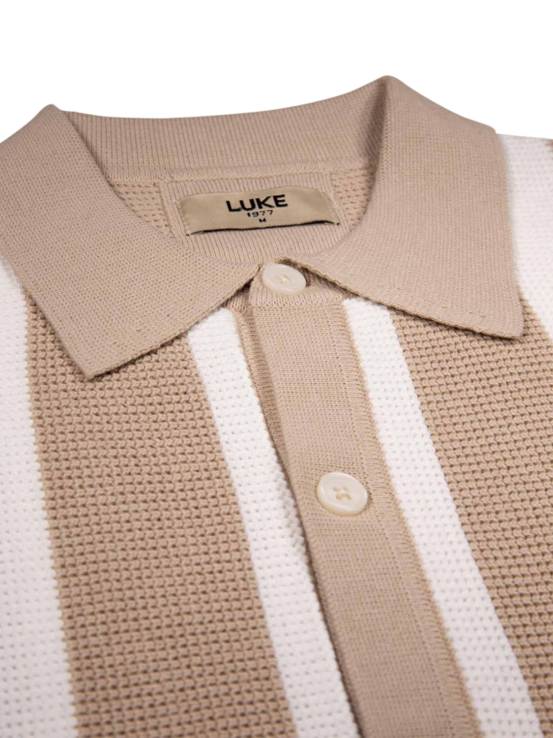 Product image 7 of 9, which shows LUKE 1977 Deck Stripe Knitted Polo Shirt, Dark Ecru/White, S