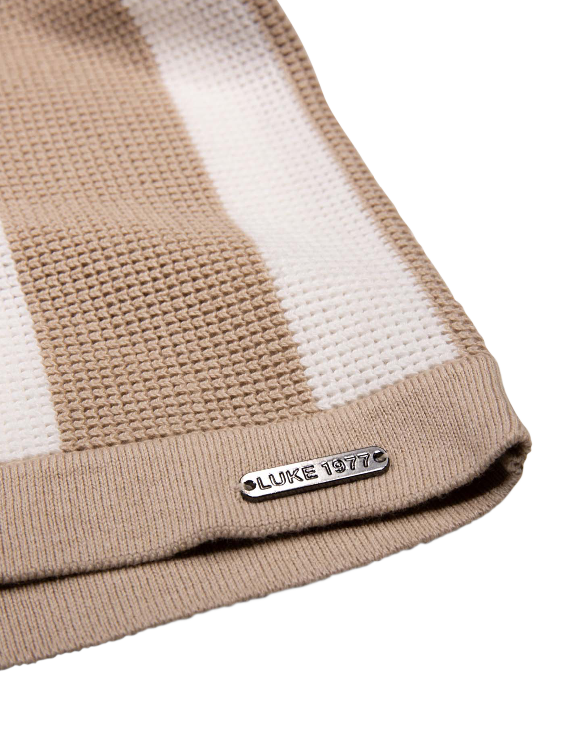 Product image 8 of 9, which shows LUKE 1977 Deck Stripe Knitted Polo Shirt, Dark Ecru/White, S