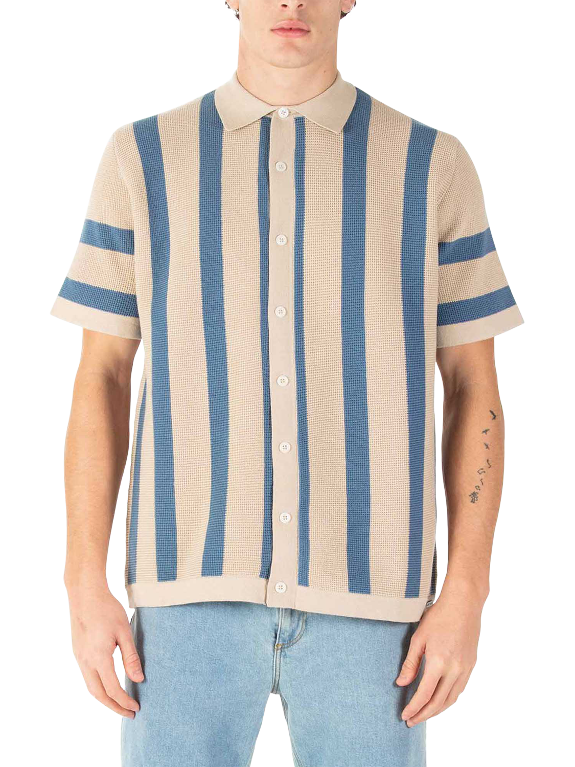 Product image 1 of 9, which shows LUKE 1977 Deck Stripe Knitted Polo Shirt, Dark Ecru/Denim, S