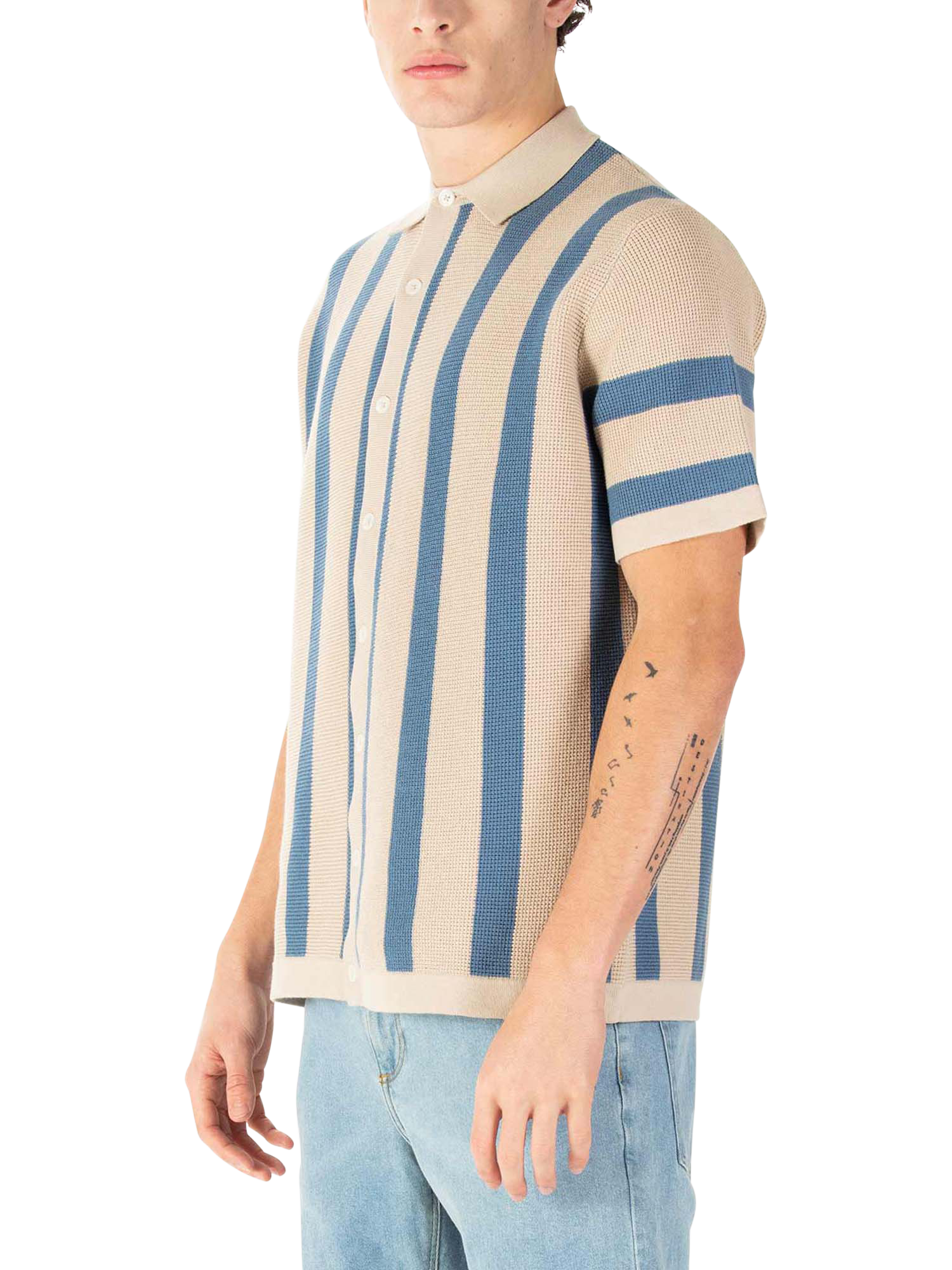Product image 3 of 9, which shows LUKE 1977 Deck Stripe Knitted Polo Shirt, Dark Ecru/Denim, S