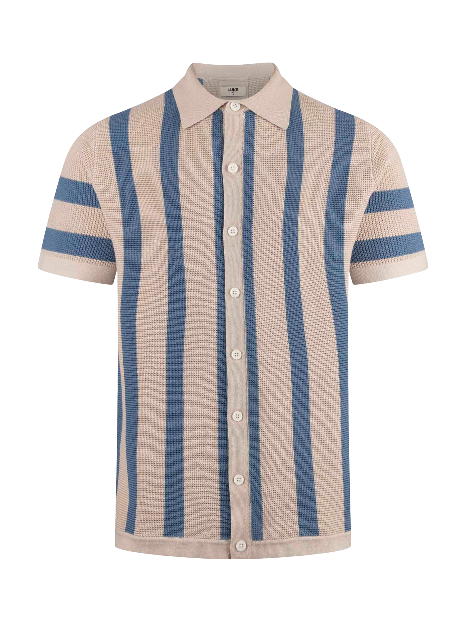 Product image 4 of 9, which shows LUKE 1977 Deck Stripe Knitted Polo Shirt, Dark Ecru/Denim, S