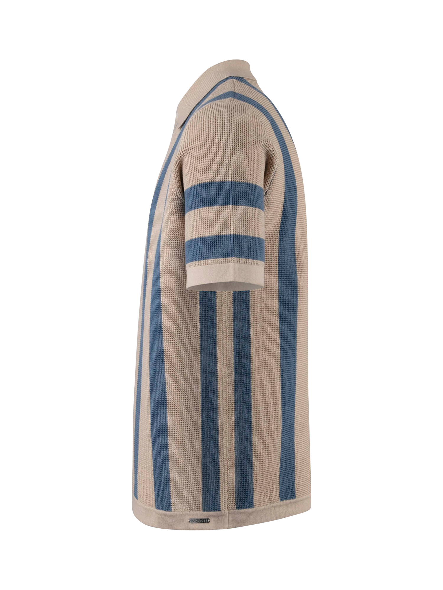 Product image 6 of 9, which shows LUKE 1977 Deck Stripe Knitted Polo Shirt, Dark Ecru/Denim, S