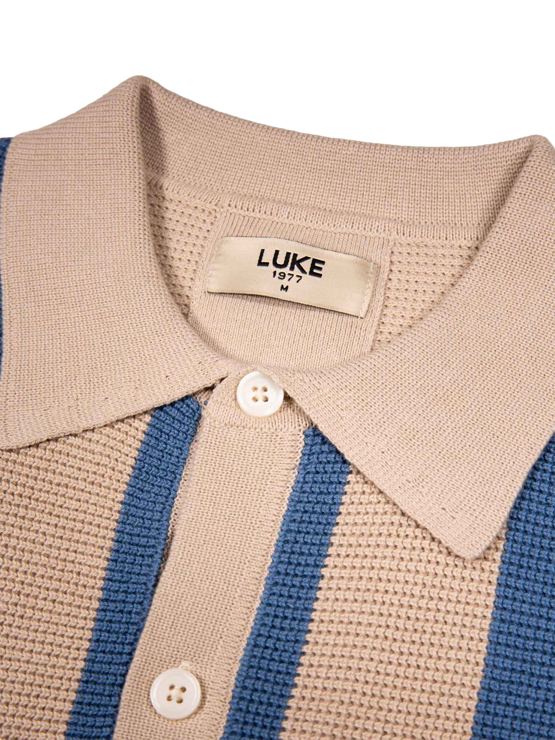 Product image 7 of 9, which shows LUKE 1977 Deck Stripe Knitted Polo Shirt, Dark Ecru/Denim, S