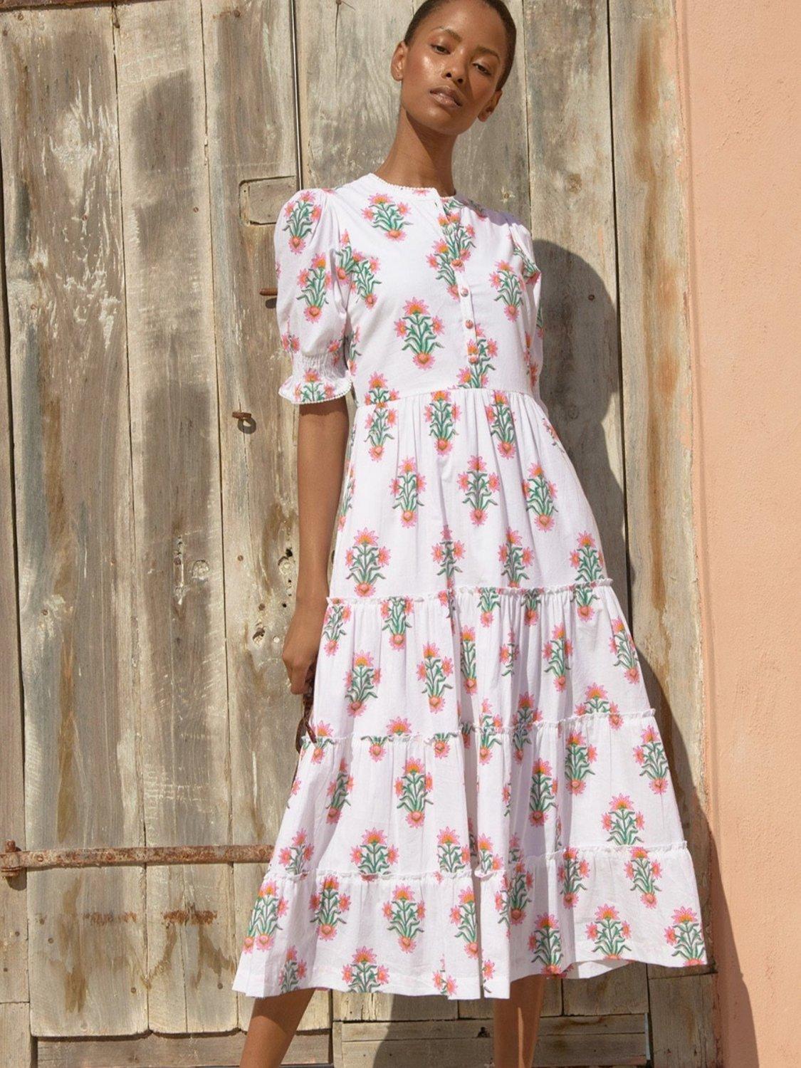 Product image 1 of 5, which shows Aspiga Cordelia Floral Block Print Cotton Midi Dress, Pink/Green, M