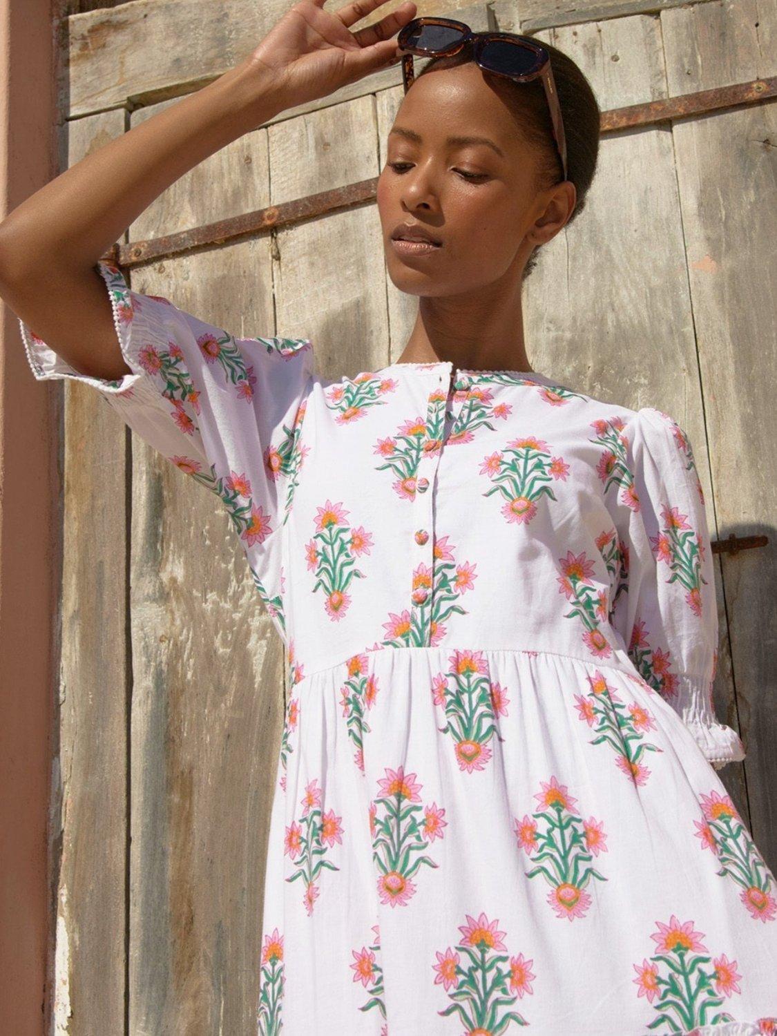 Product image 2 of 5, which shows Aspiga Cordelia Floral Block Print Cotton Midi Dress, Pink/Green, M