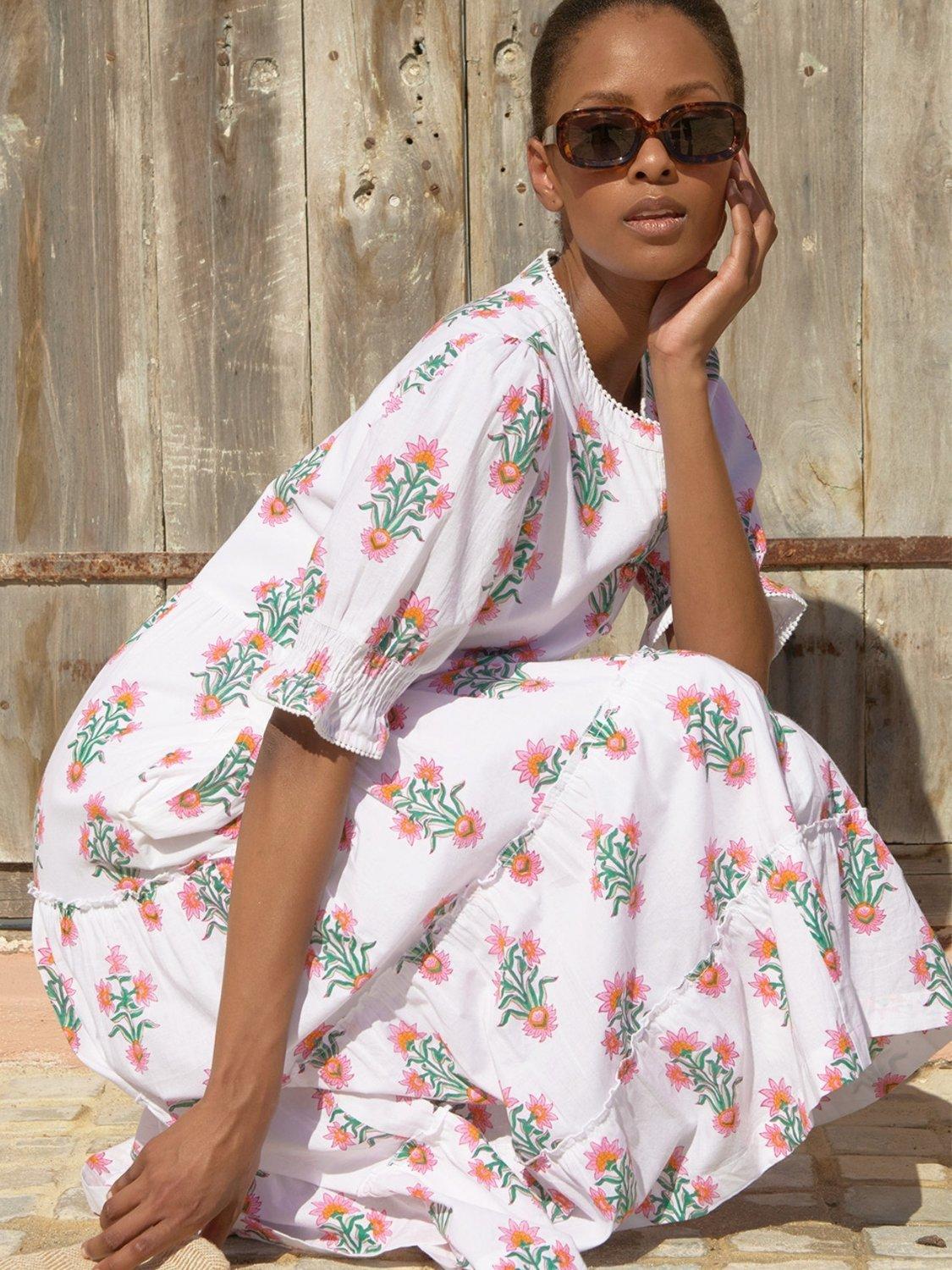 Product image 3 of 5, which shows Aspiga Cordelia Floral Block Print Cotton Midi Dress, Pink/Green, M
