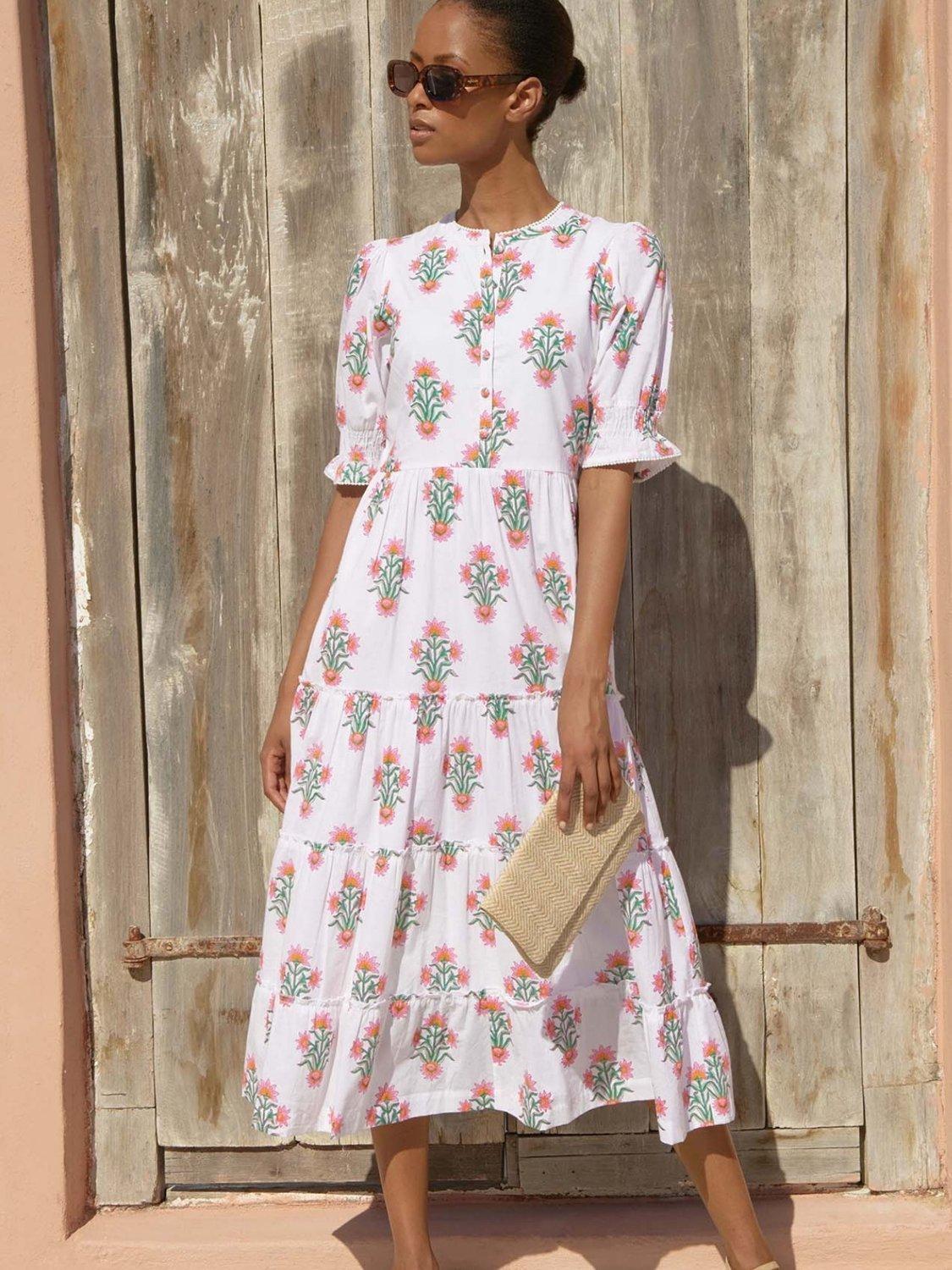 Product image 4 of 5, which shows Aspiga Cordelia Floral Block Print Cotton Midi Dress, Pink/Green, M