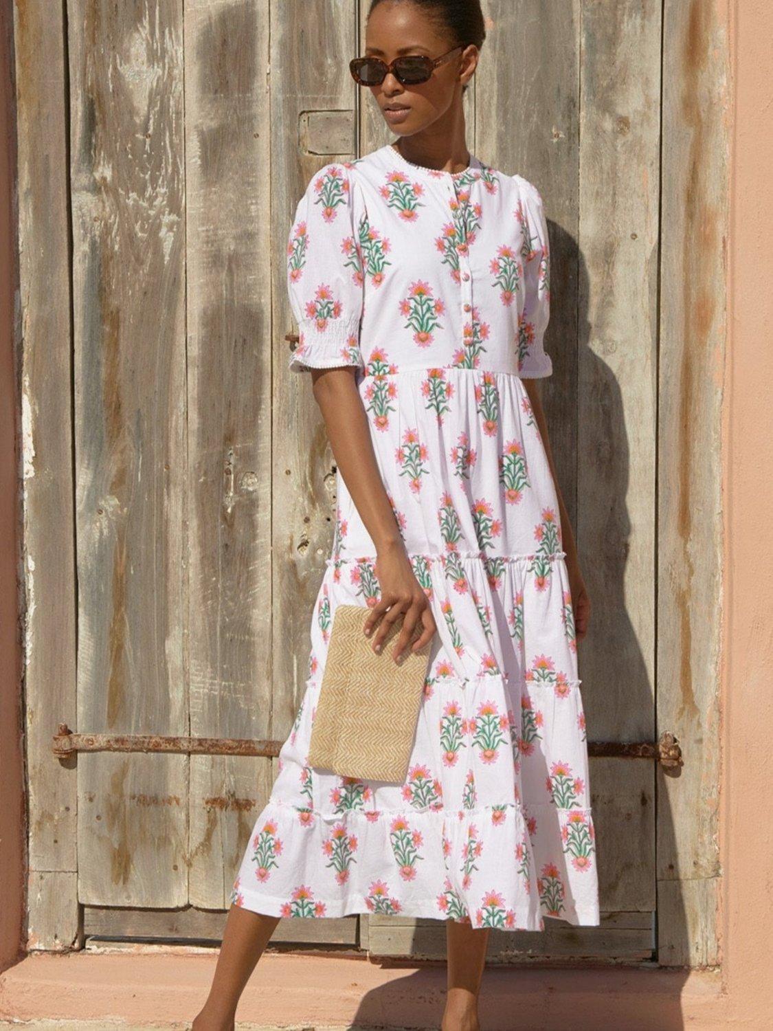 Product image 5 of 5, which shows Aspiga Cordelia Floral Block Print Cotton Midi Dress, Pink/Green, M