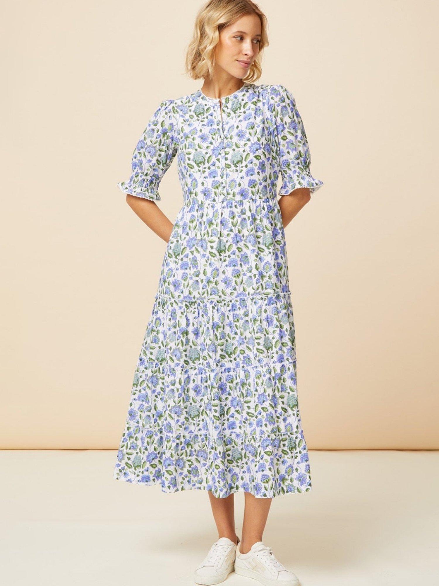 Product image 1 of 5, which shows Aspiga Cordelia Floral Block Print Cotton Midi Dress, Blue/Green, L