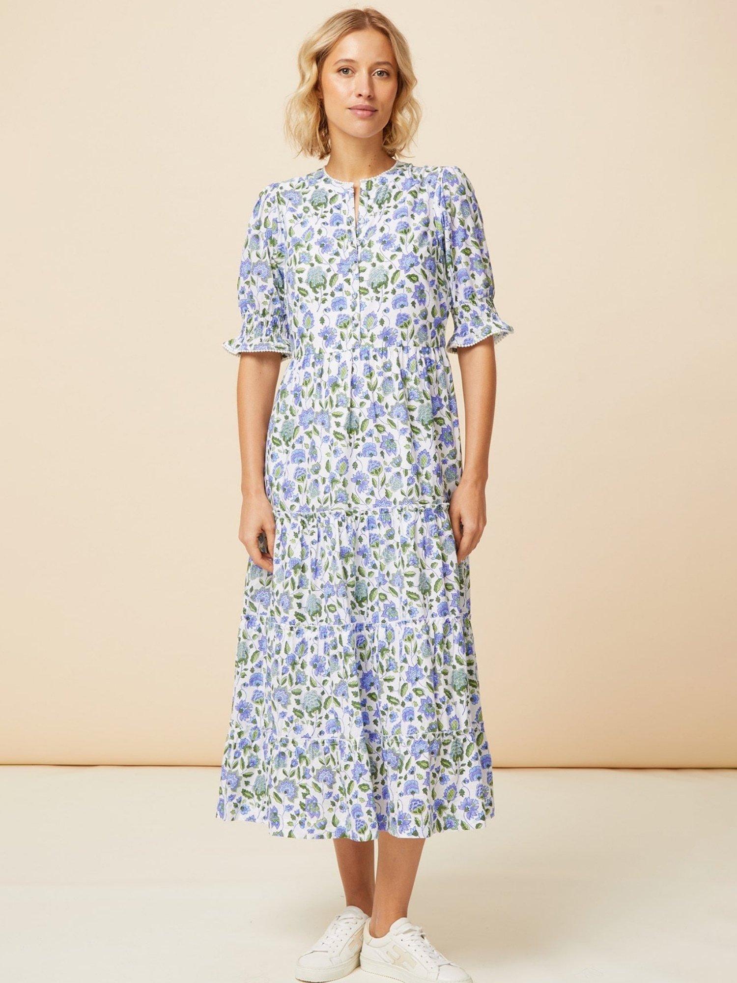 Product image 3 of 5, which shows Aspiga Cordelia Floral Block Print Cotton Midi Dress, Blue/Green, L