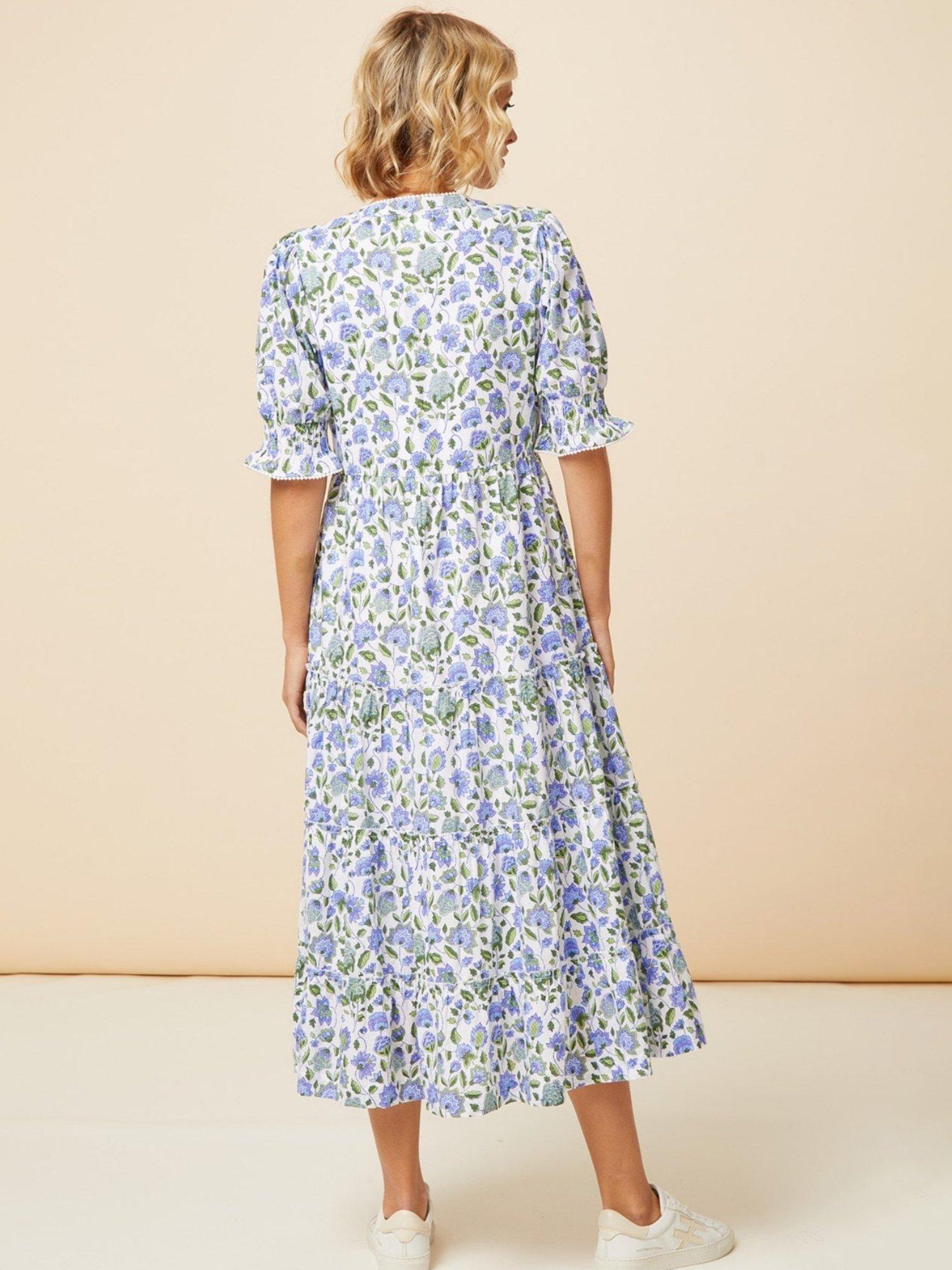 Product image 5 of 5, which shows Aspiga Cordelia Floral Block Print Cotton Midi Dress, Blue/Green, L